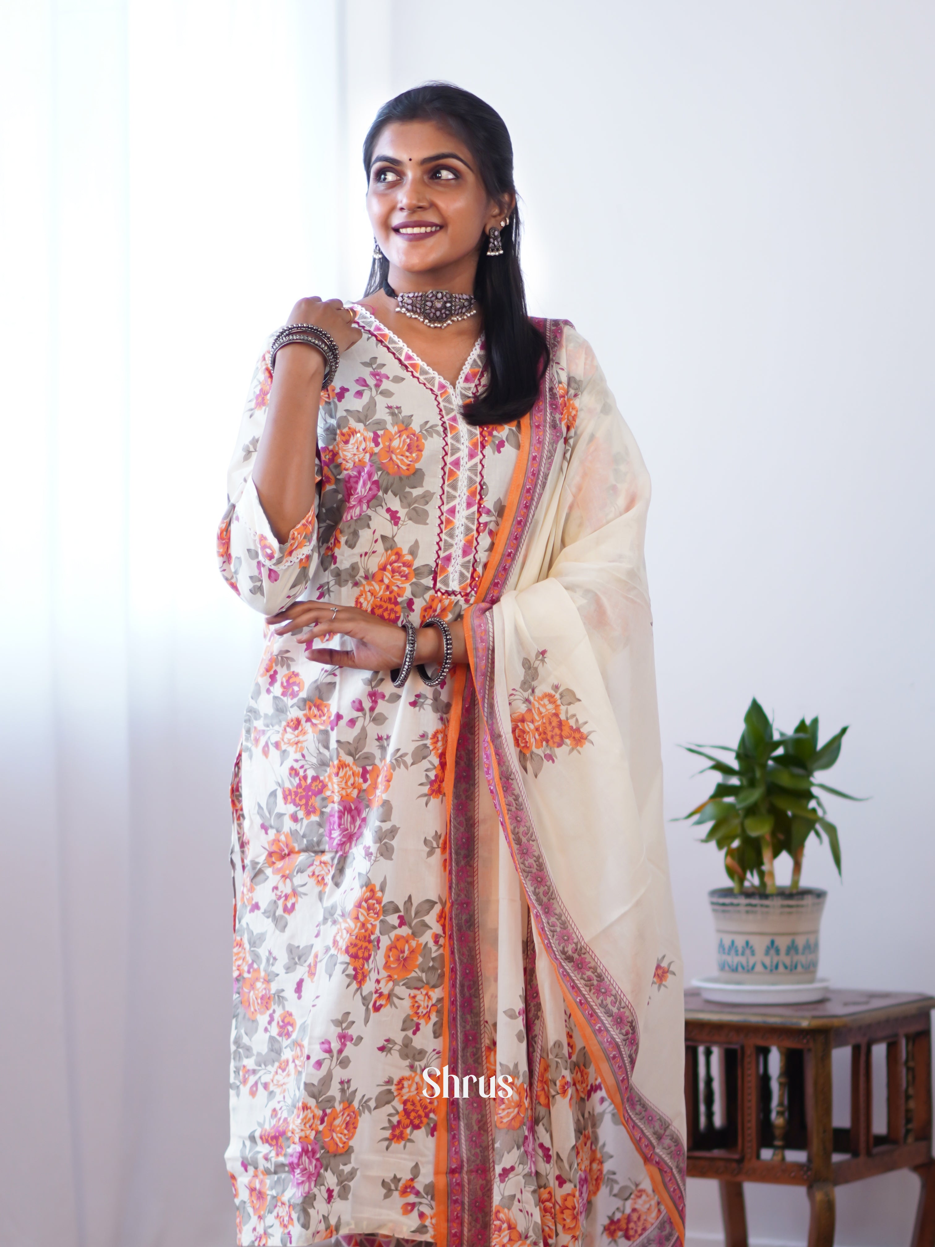 White & Orange - 3pc printed Readymade Suits - Shop on Shrus.com