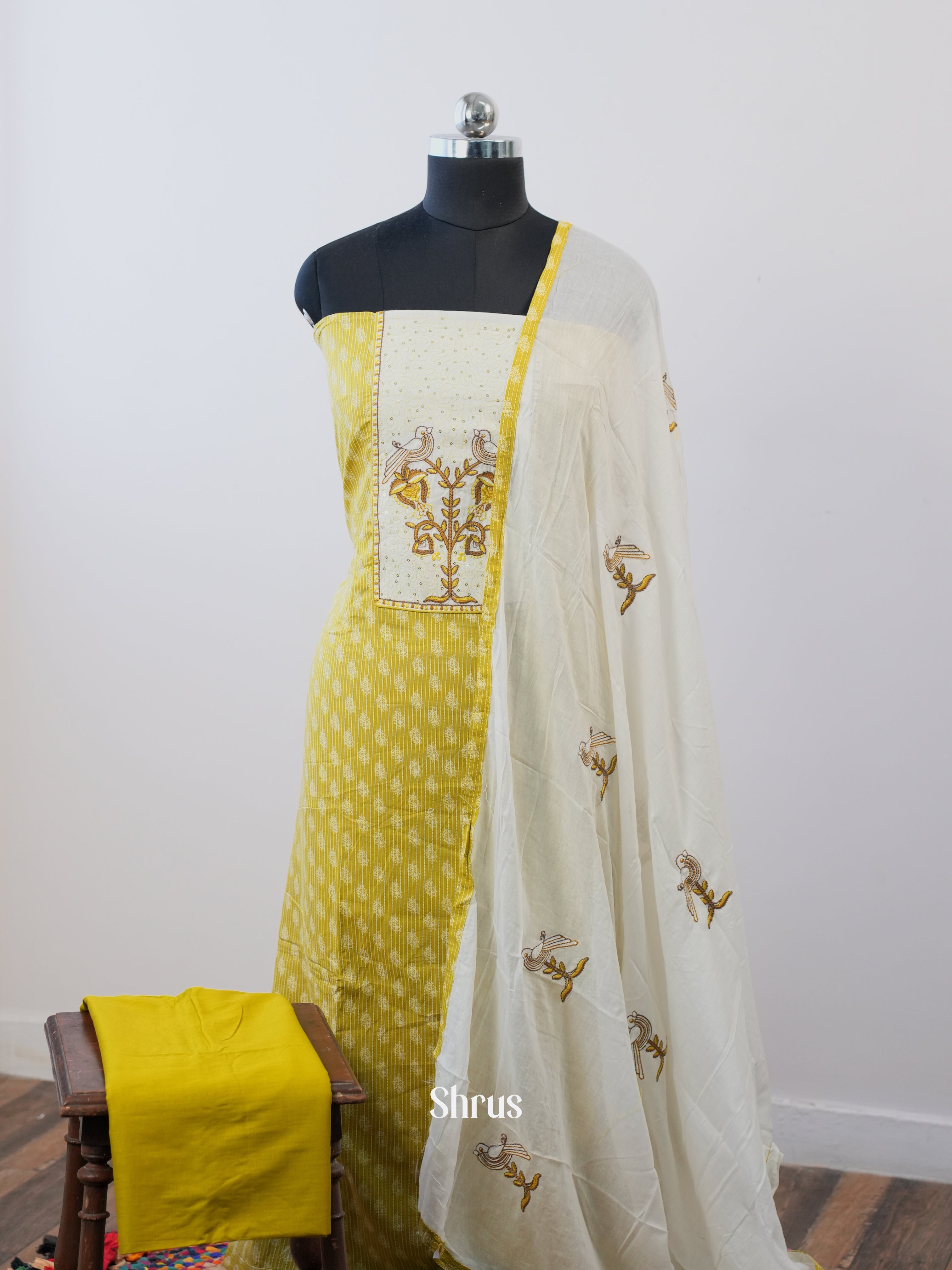 Mustardy Green & White - Cotton salwar - Shop on Shrus.com