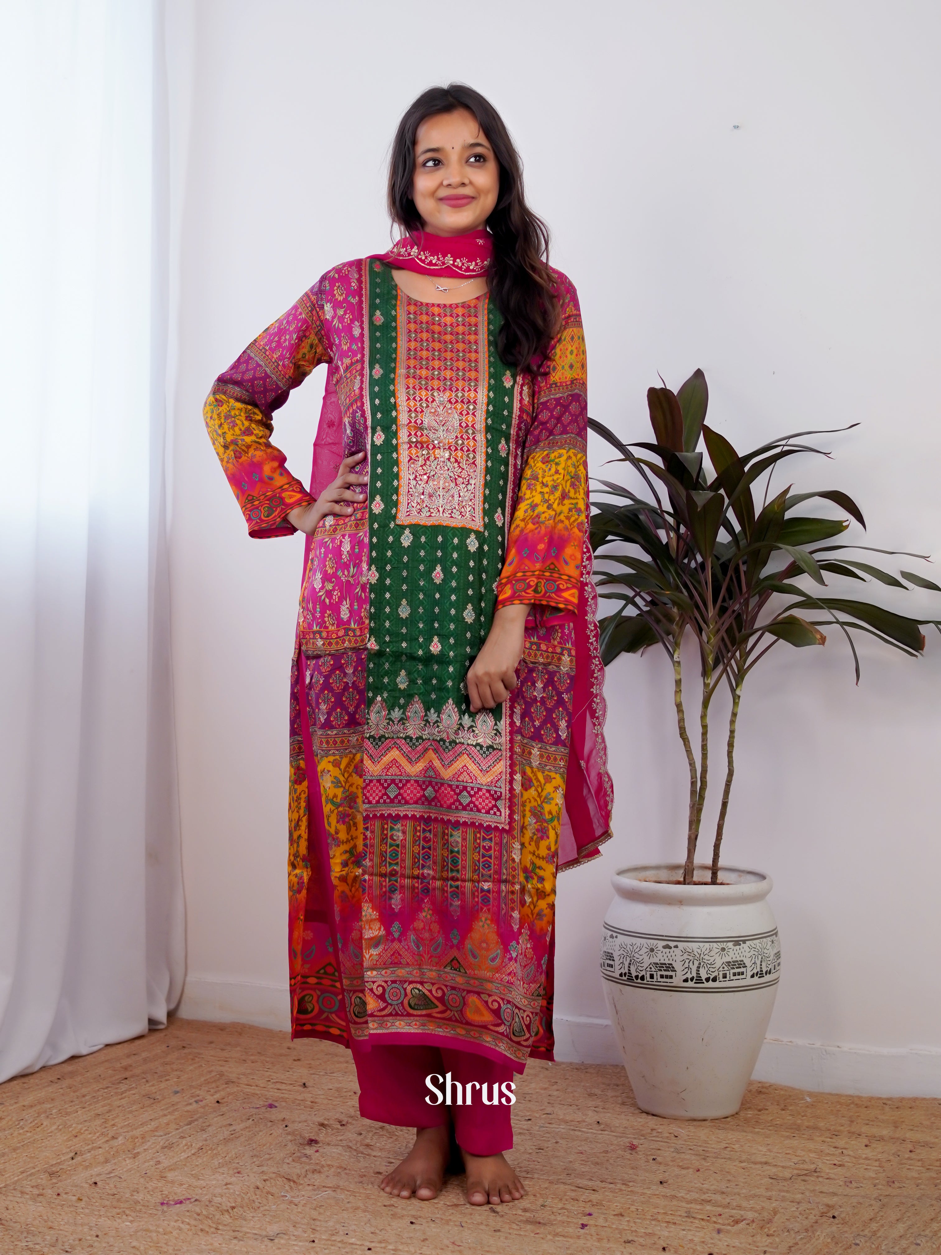 Pink & Green- 3pc Festive Readymade Suits - Shop on Shrus.com