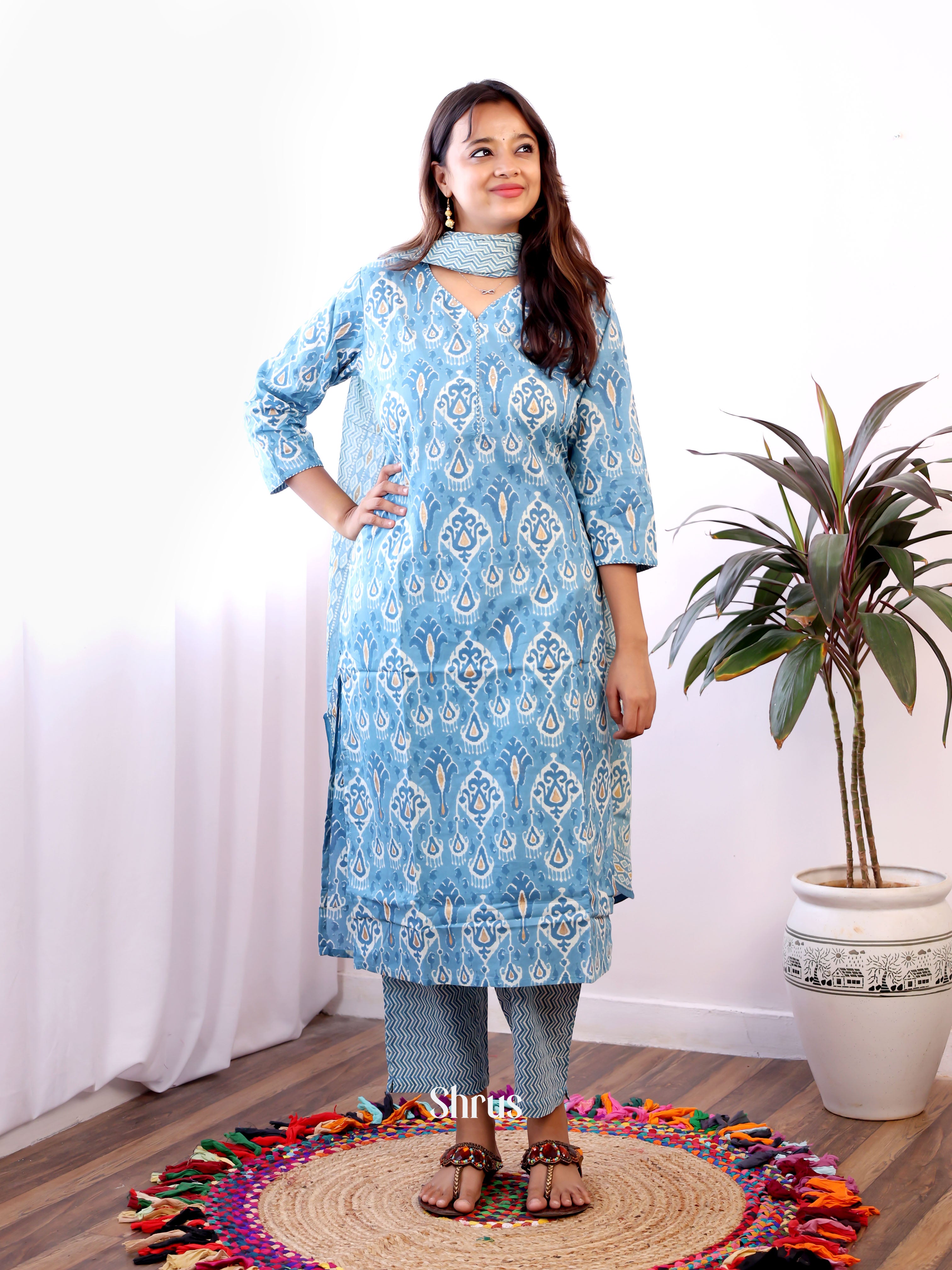 Blue -3pc bagru print Readymade Suits - Shop on Shrus.com