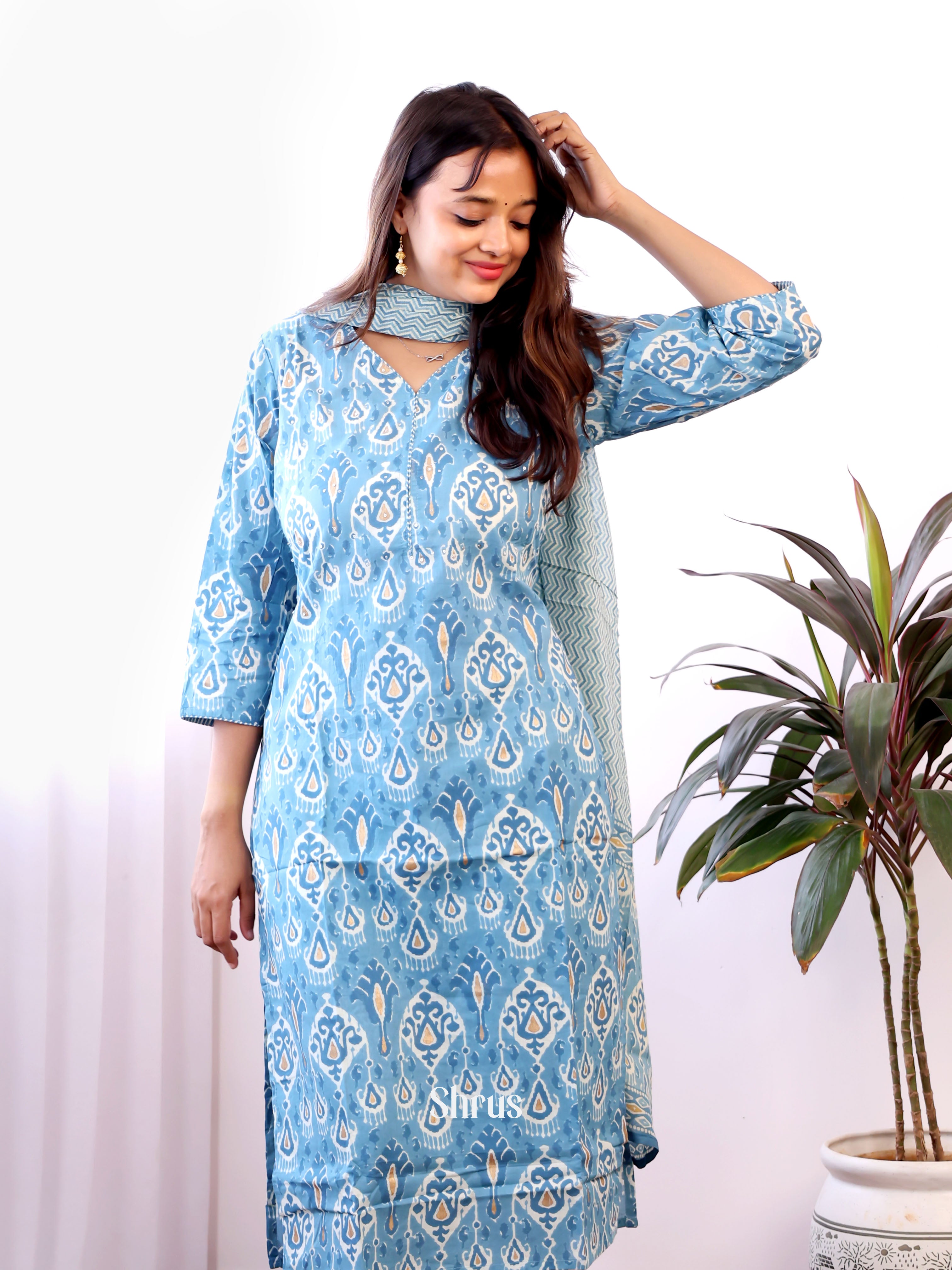 Blue -3pc bagru print Readymade Suits - Shop on Shrus.com