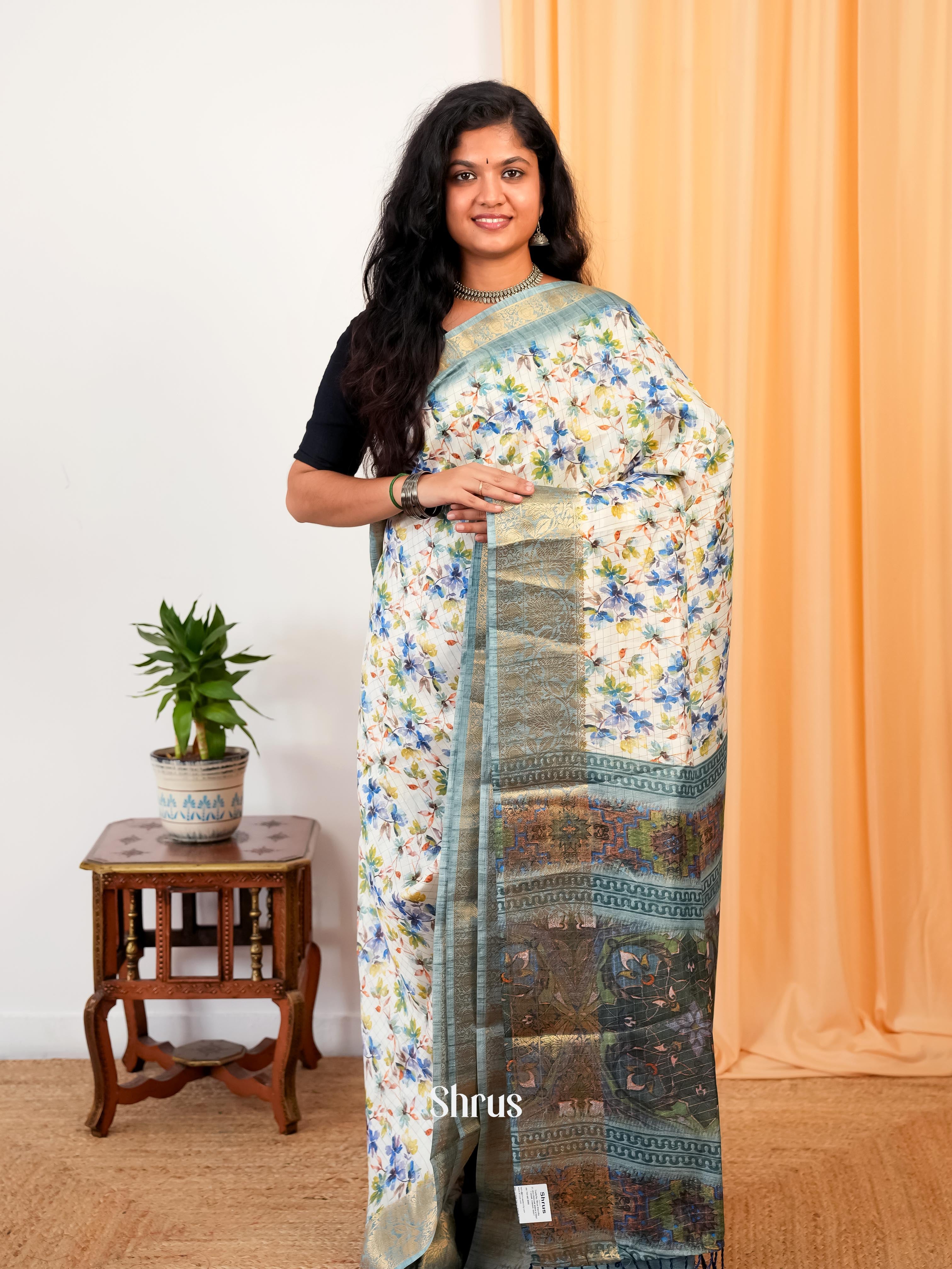 Cream & Blue - Semi Dola silk Saree - Shop on Shrus.com