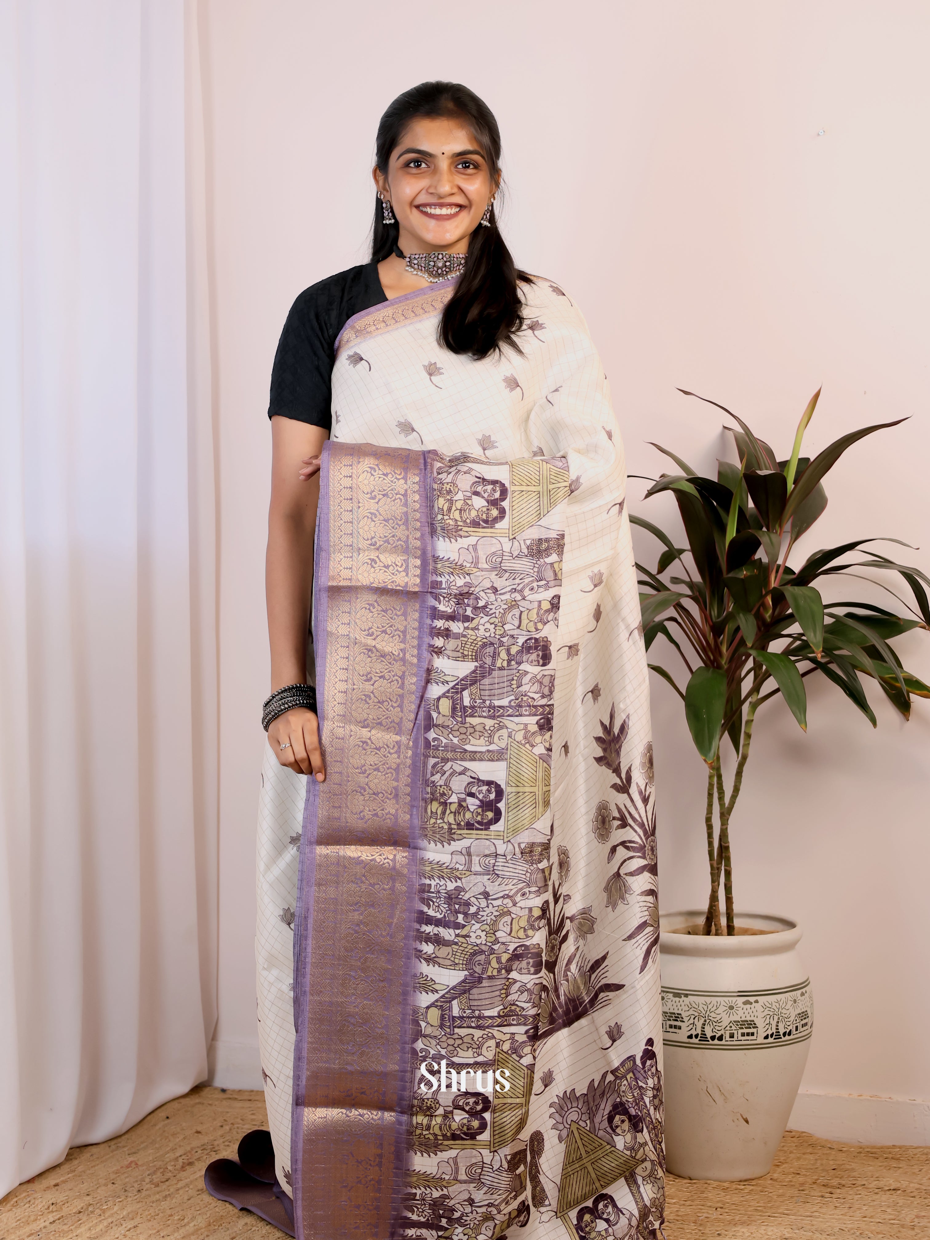 Cream & Purple - Semi Dola silk Saree - Shop on Shrus.com