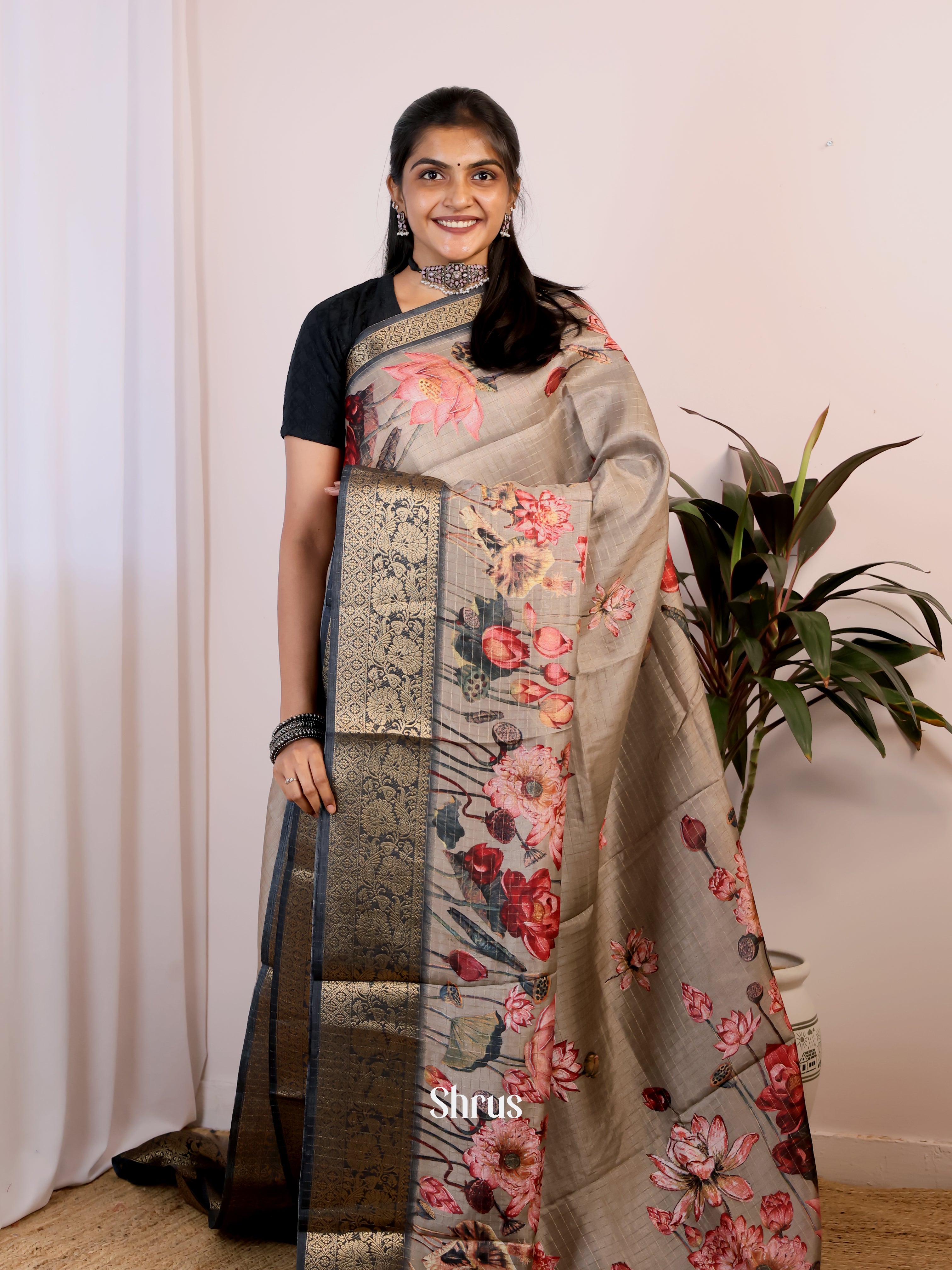 Grey & Black - Semi Dola silk Saree - Shop on Shrus.com