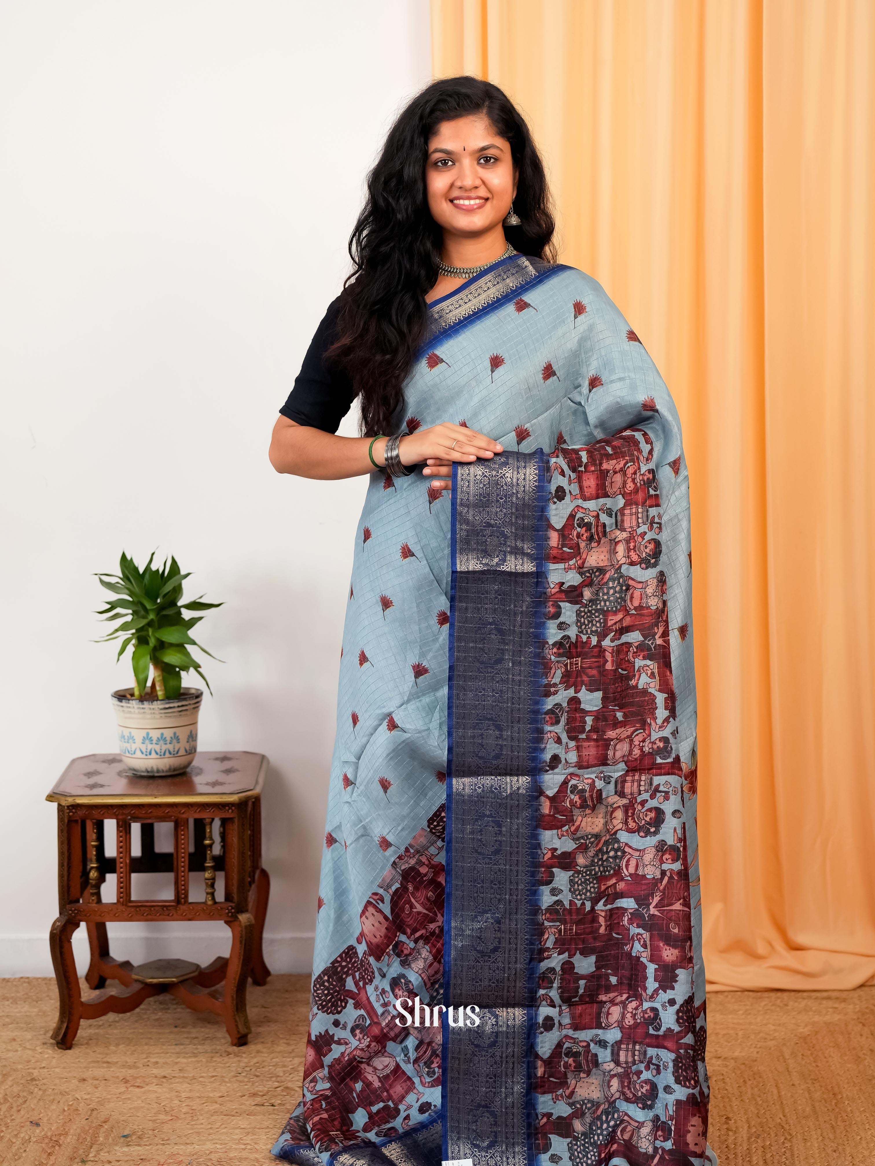 Pastel Blue & Blue - Semi Dola silk Saree - Shop on Shrus.com