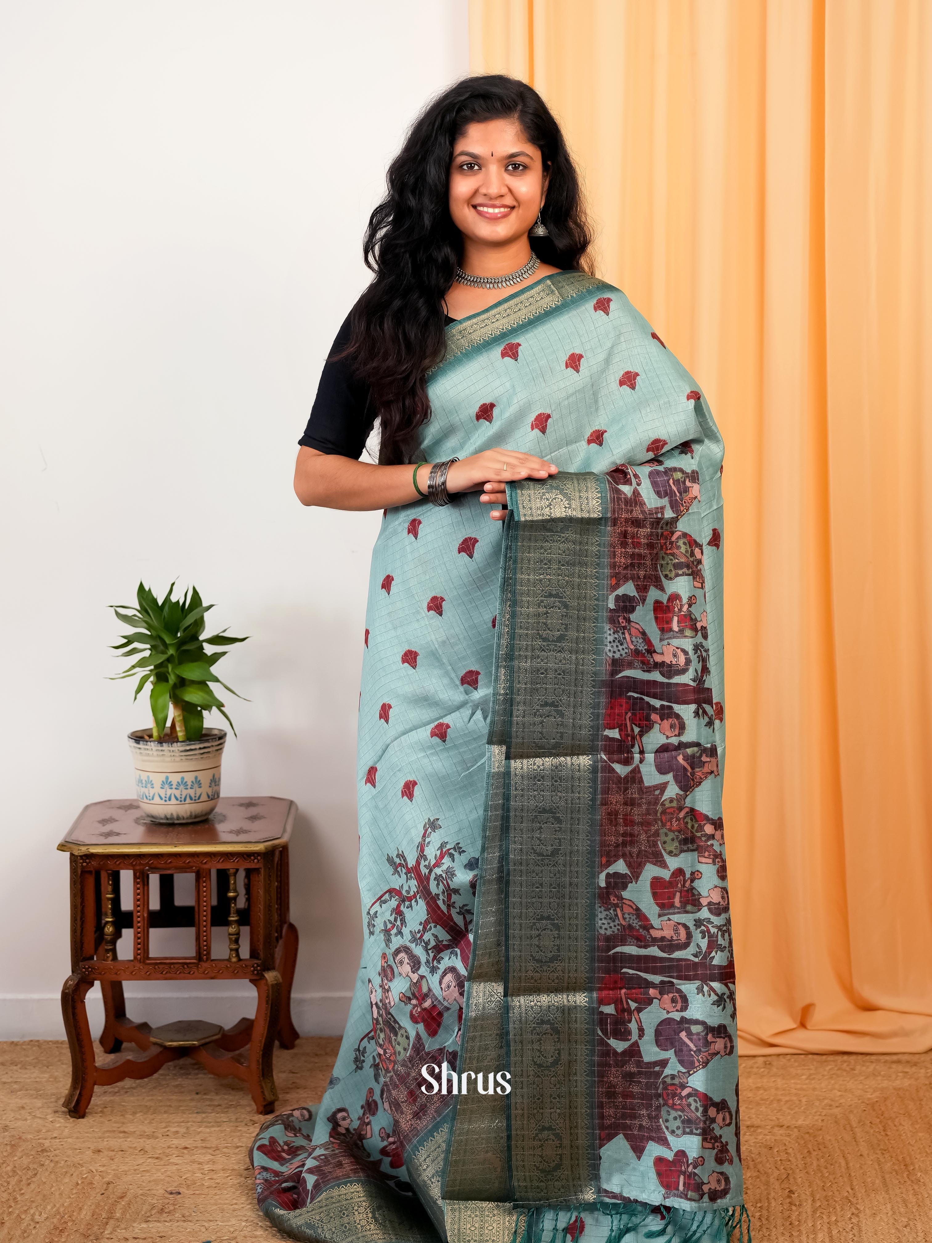 Pastel Blue - Semi Dola silk Saree - Shop on Shrus.com