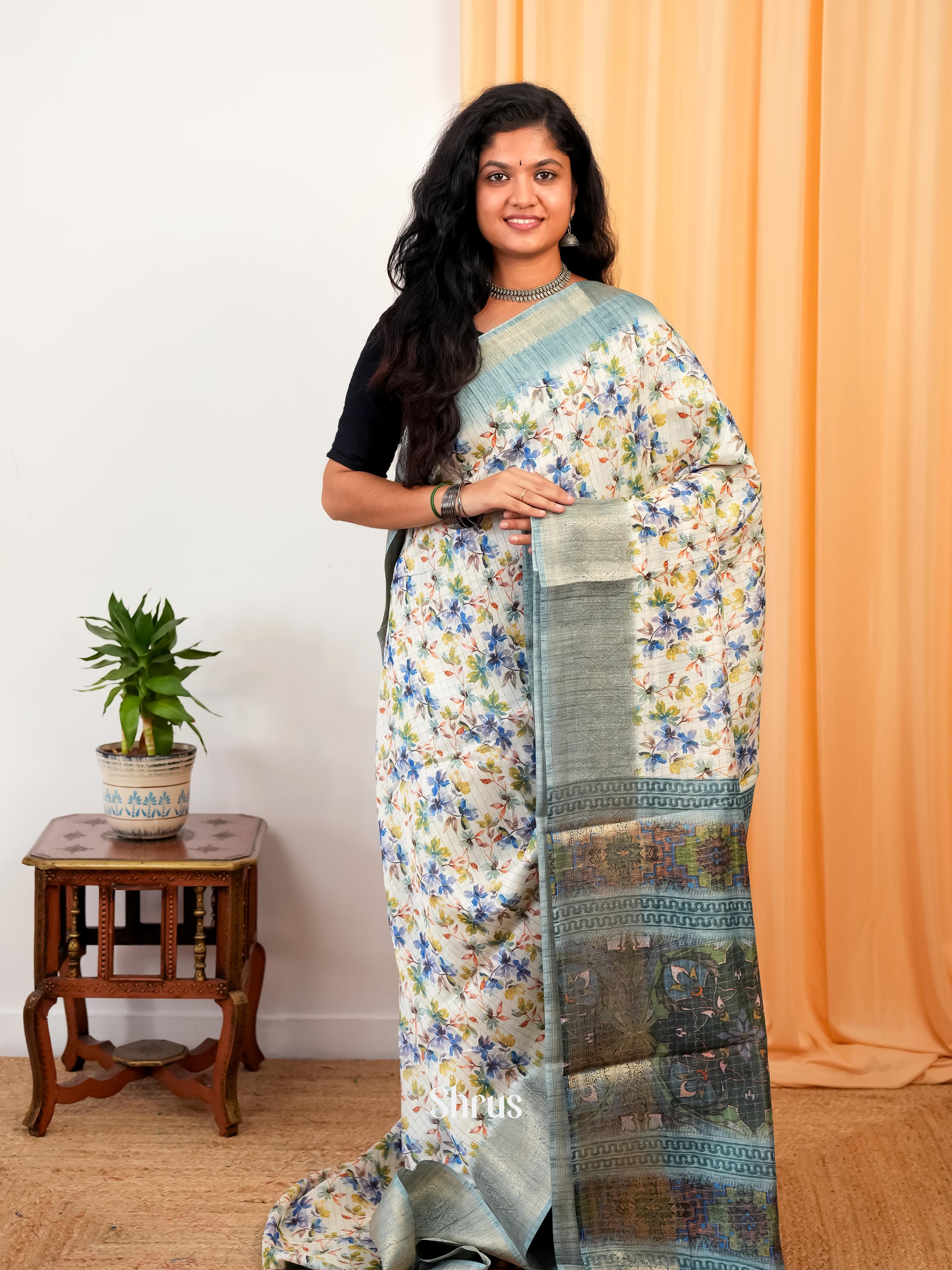 Cream & Grey - Semi Dola silk Saree - Shop on Shrus.com