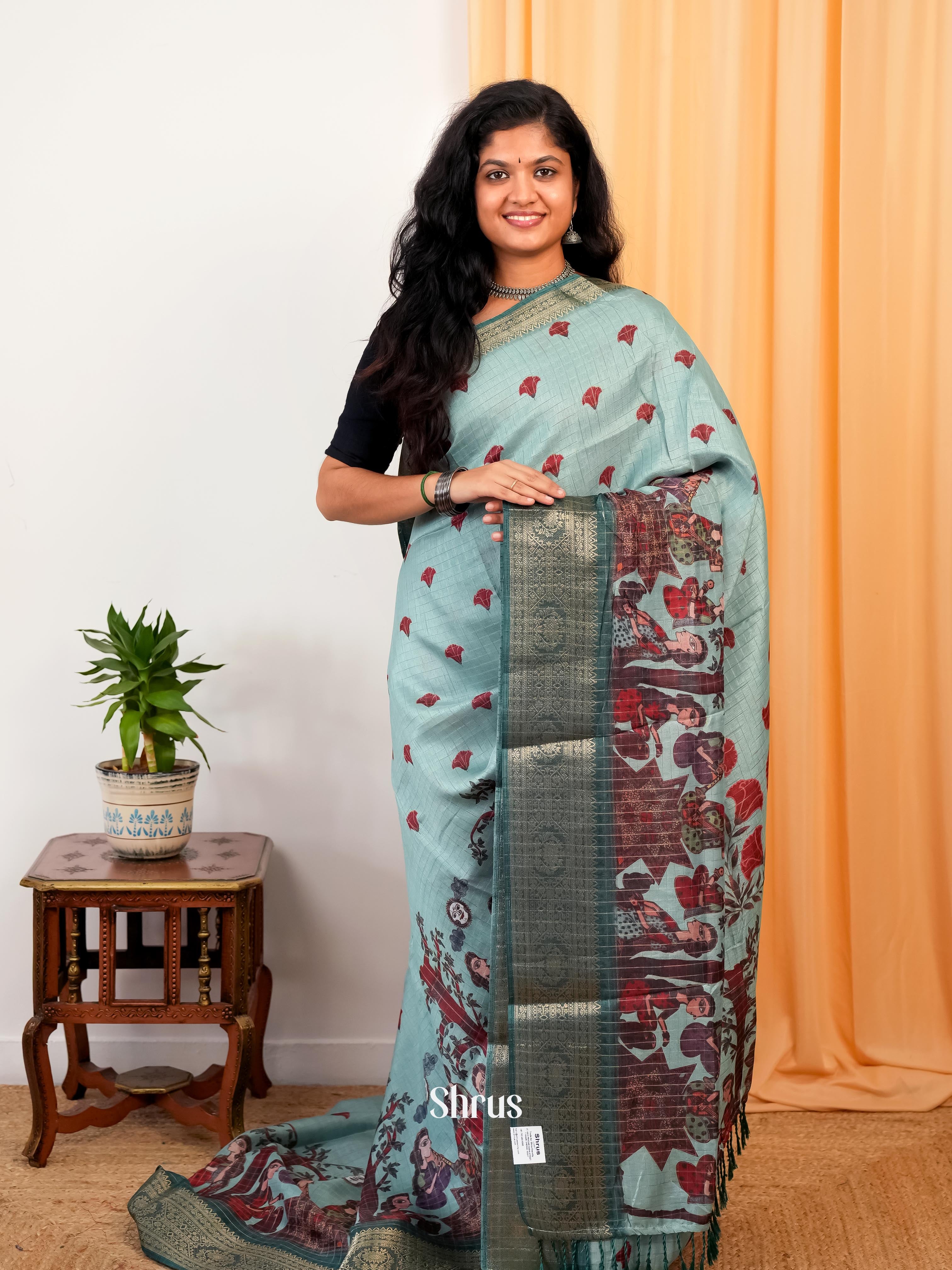 Pastel Blue - Semi Dola silk Saree - Shop on Shrus.com