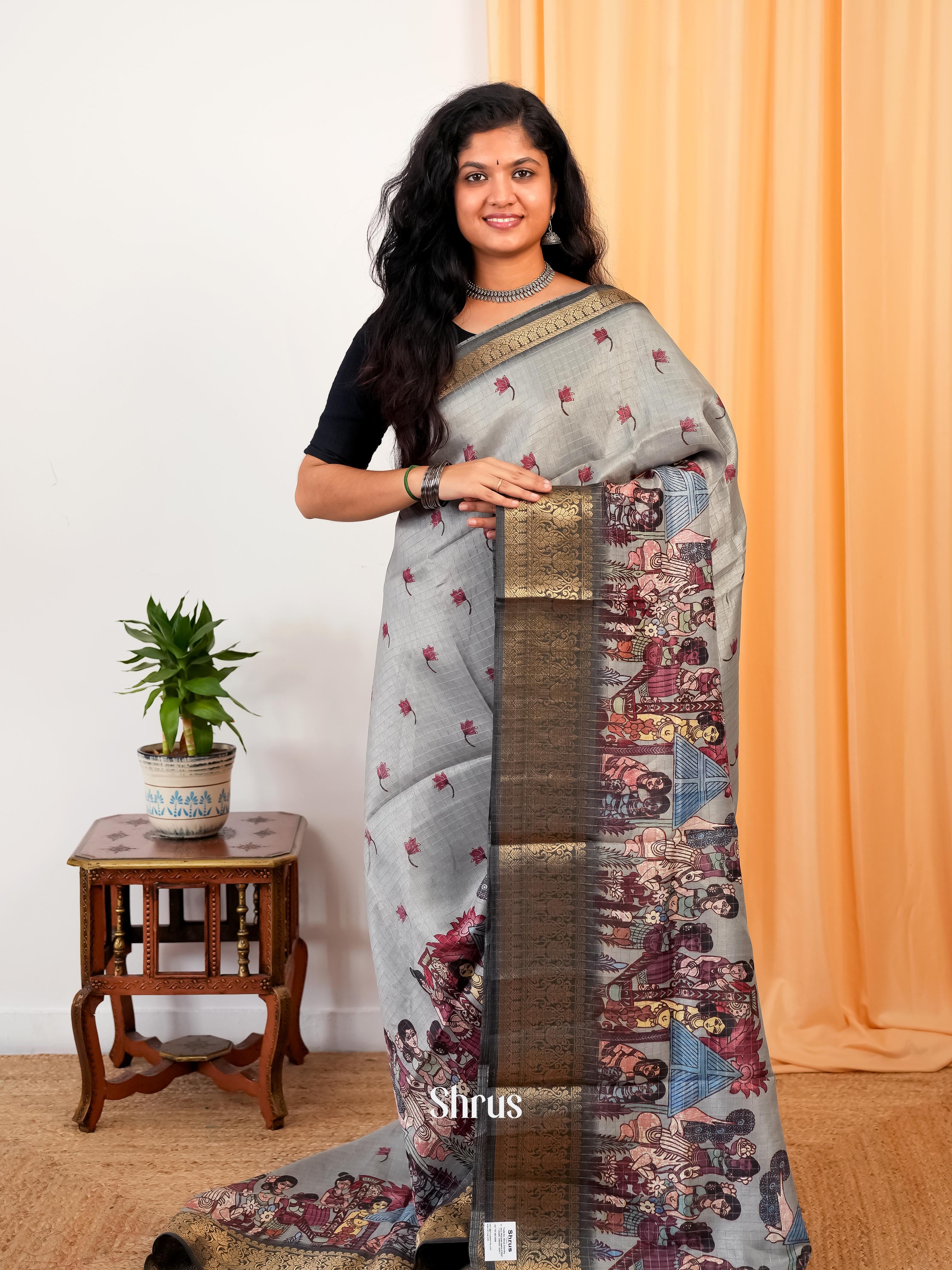 grey - Semi Dola silk Saree - Shop on Shrus.com
