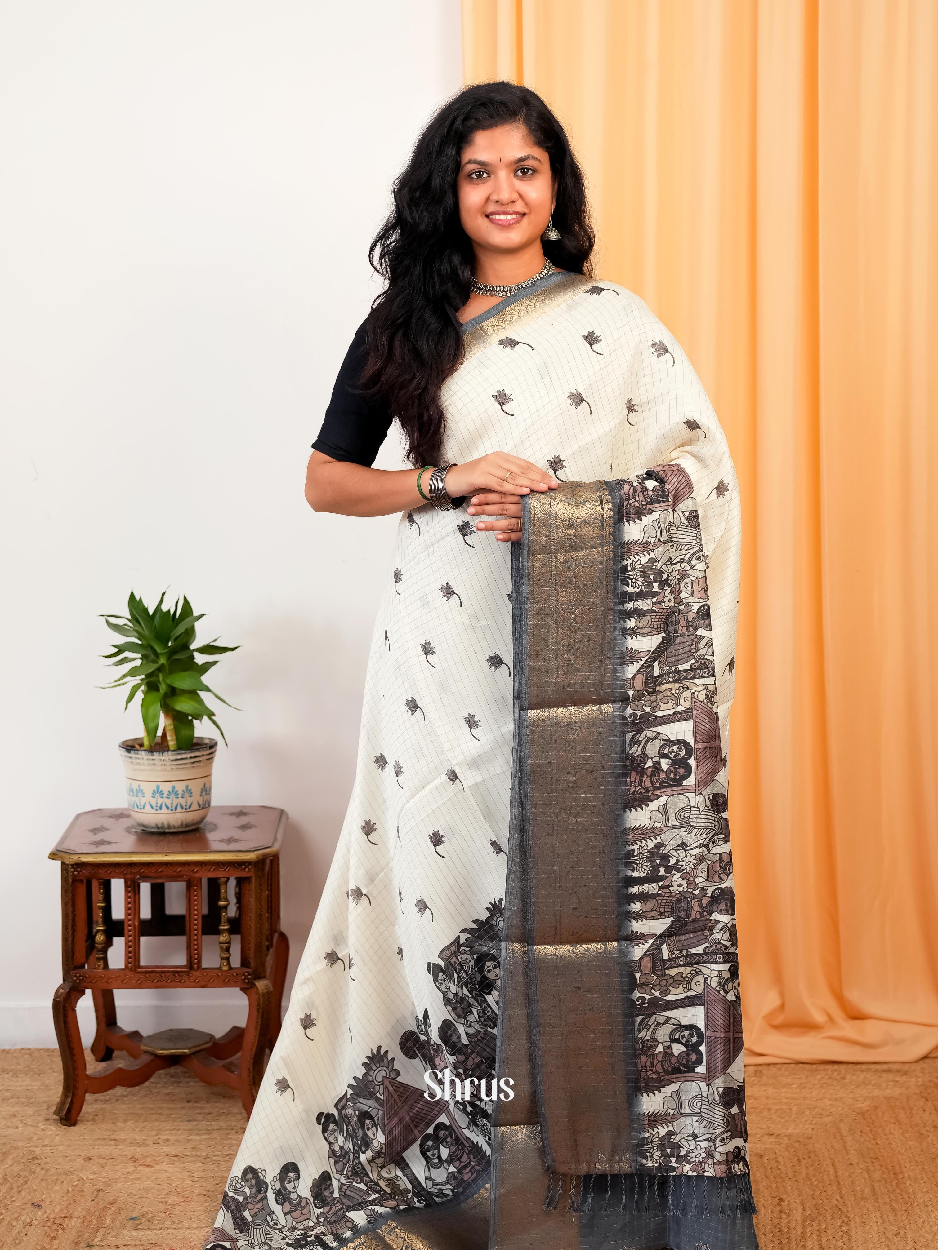 Cream & Grey - Semi Dola silk Saree - Shop on Shrus.com