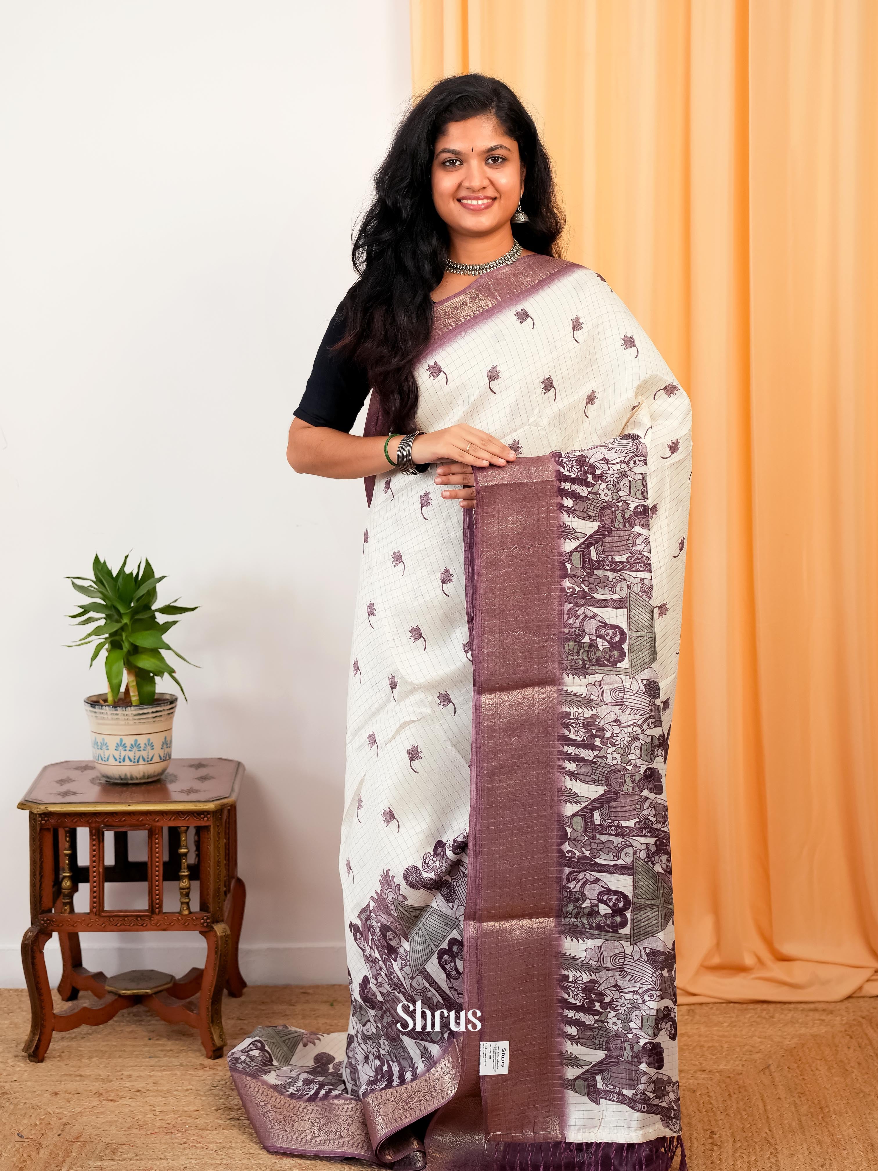 Cream & Purple - Semi Dola silk Saree - Shop on Shrus.com