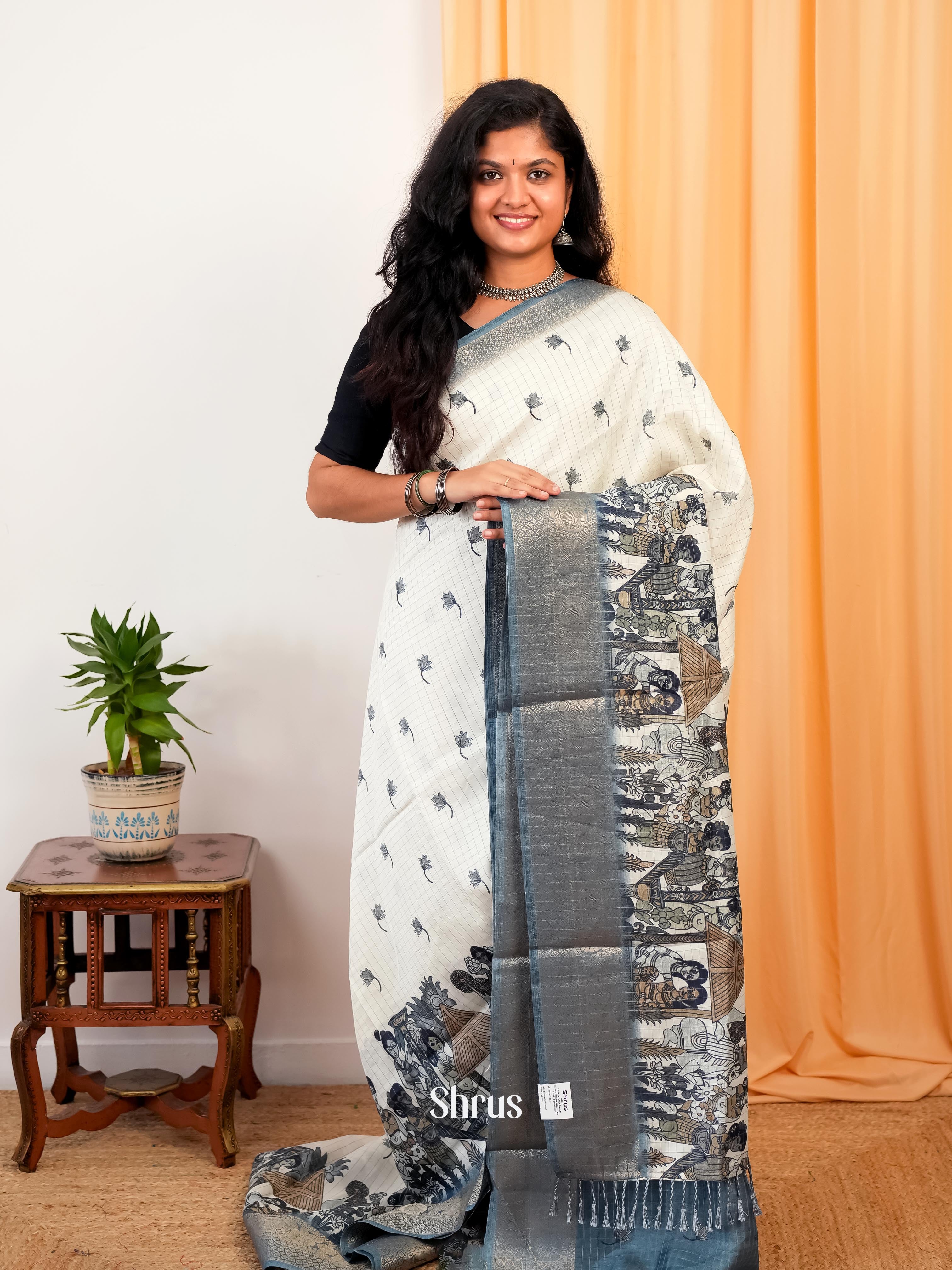 Cream & Grey - Semi Dola silk Saree - Shop on Shrus.com