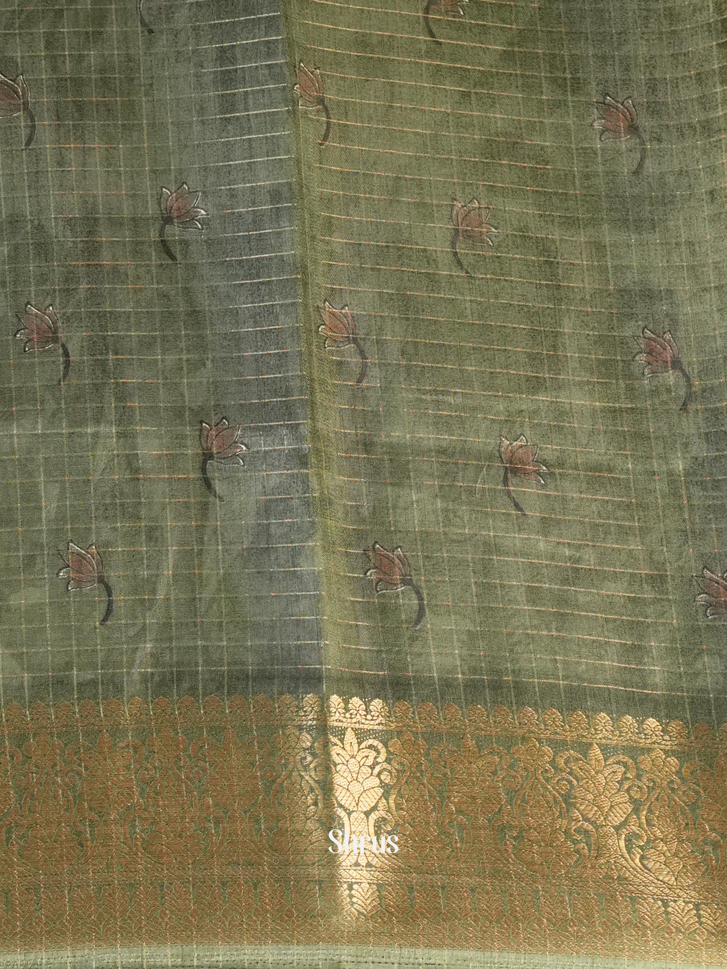 Cream & Green - Semi Dola silk Saree - Shop on Shrus.com