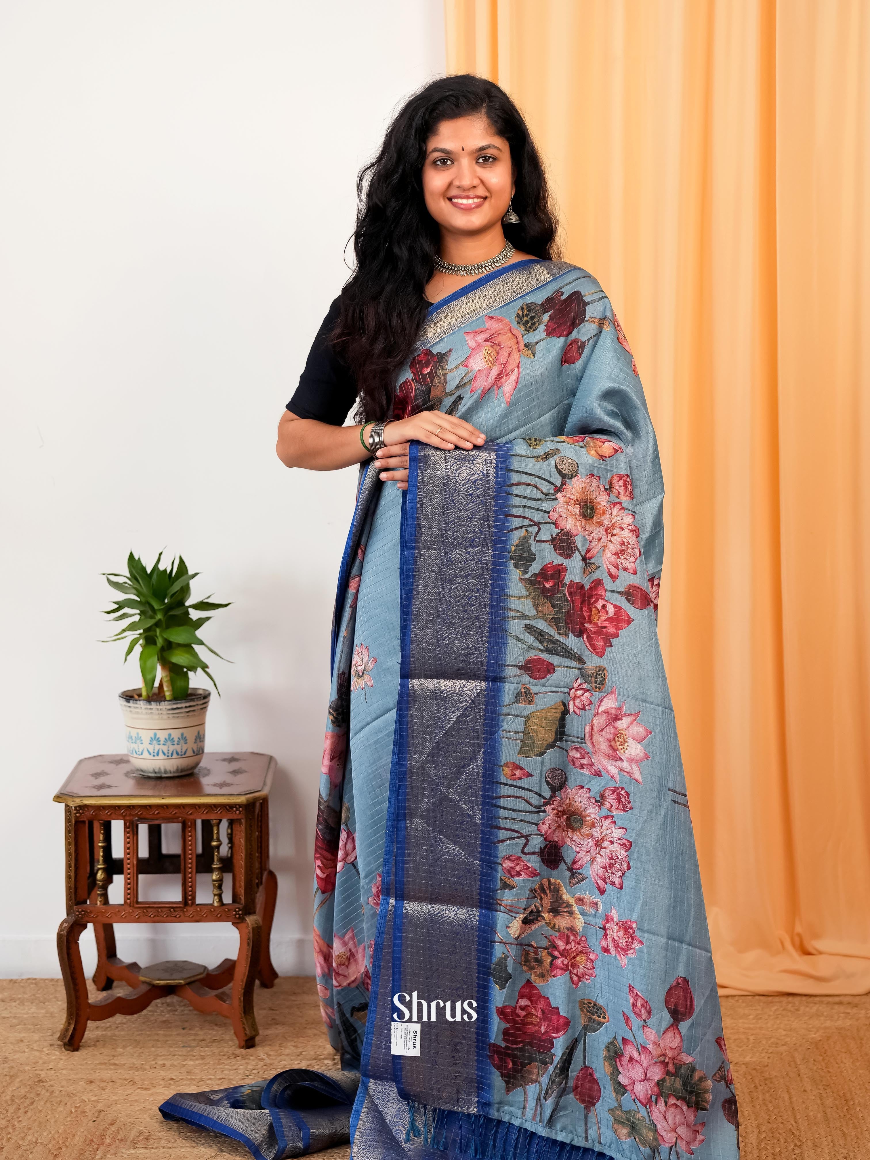 Pastel Blue & Blue - Semi Dola silk Saree - Shop on Shrus.com