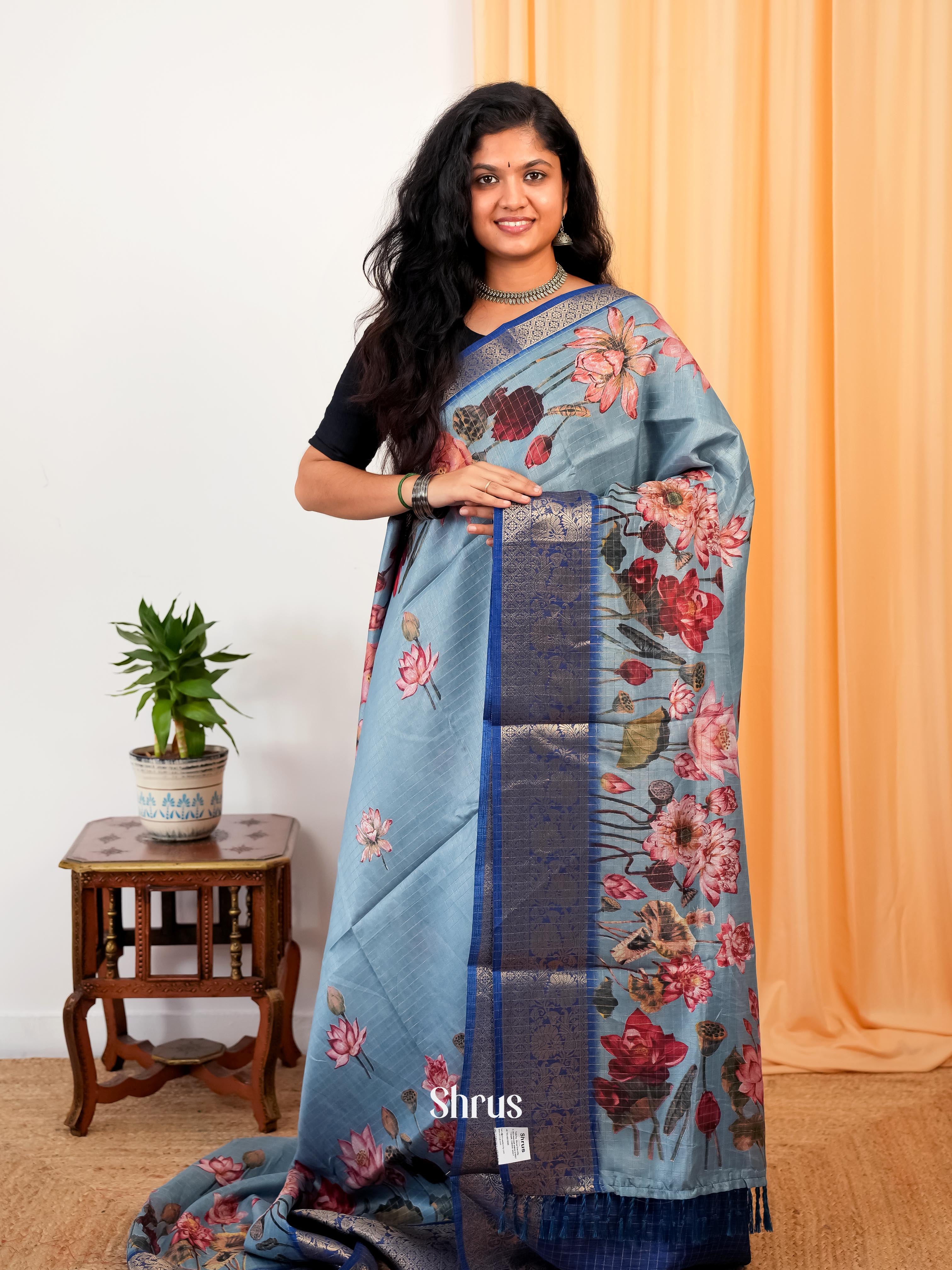 Pastel Blue & Blue - Semi Dola silk Saree - Shop on Shrus.com
