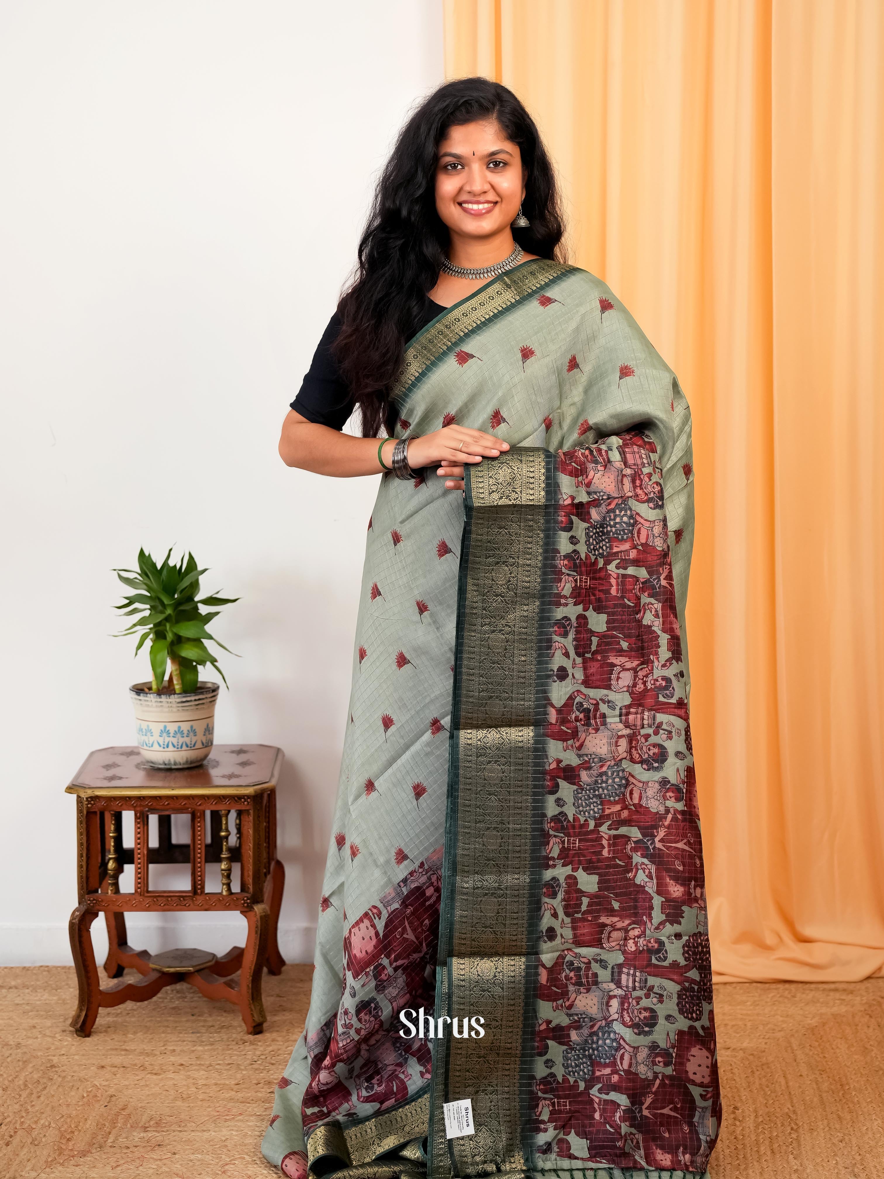 Grey Green & Green - Semi Dola silk Saree - Shop on Shrus.com