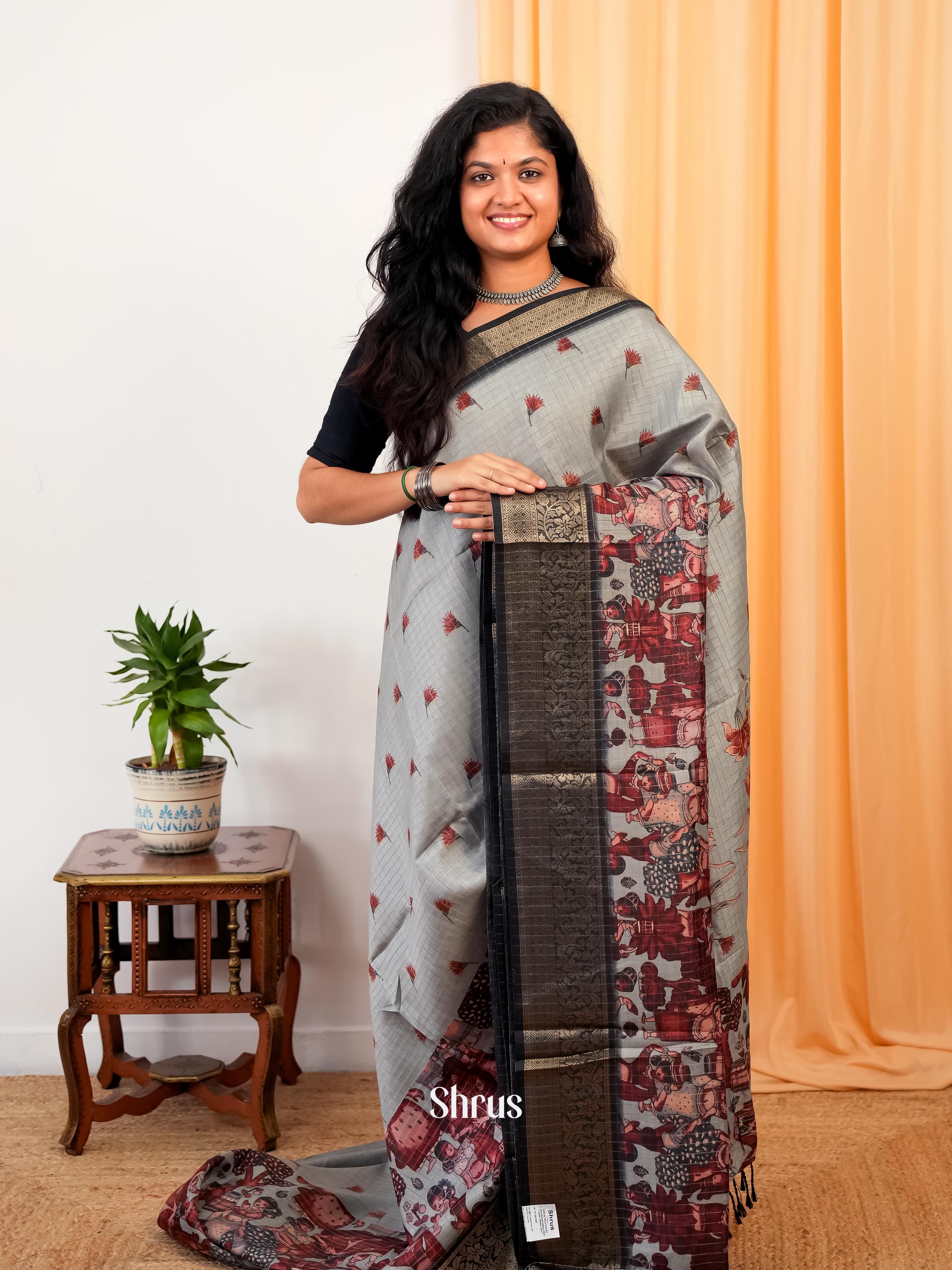 Grey & Black - Semi Dola silk Saree - Shop on Shrus.com
