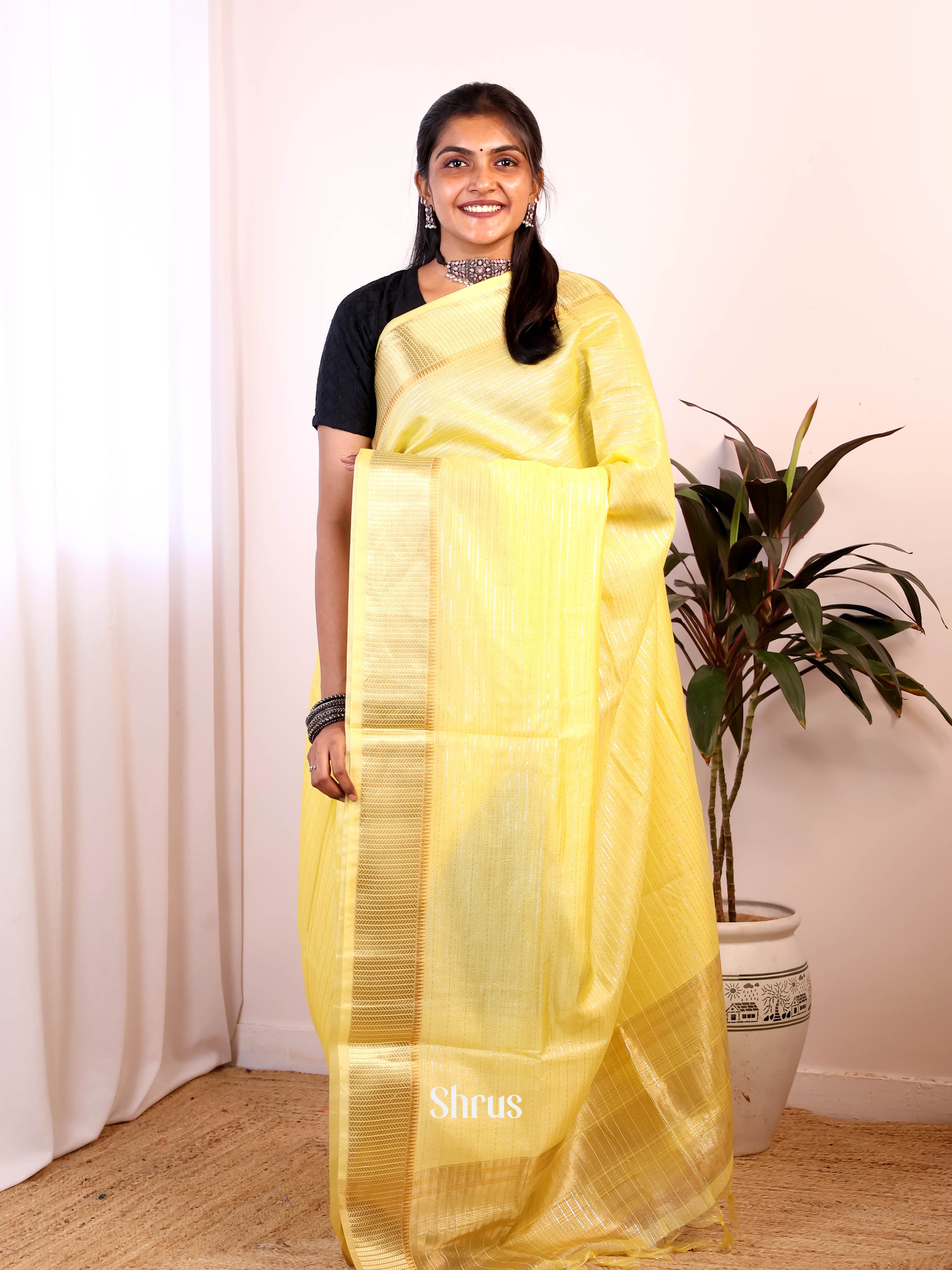 Yellow - Semi Jute Saree - Shop on Shrus.com