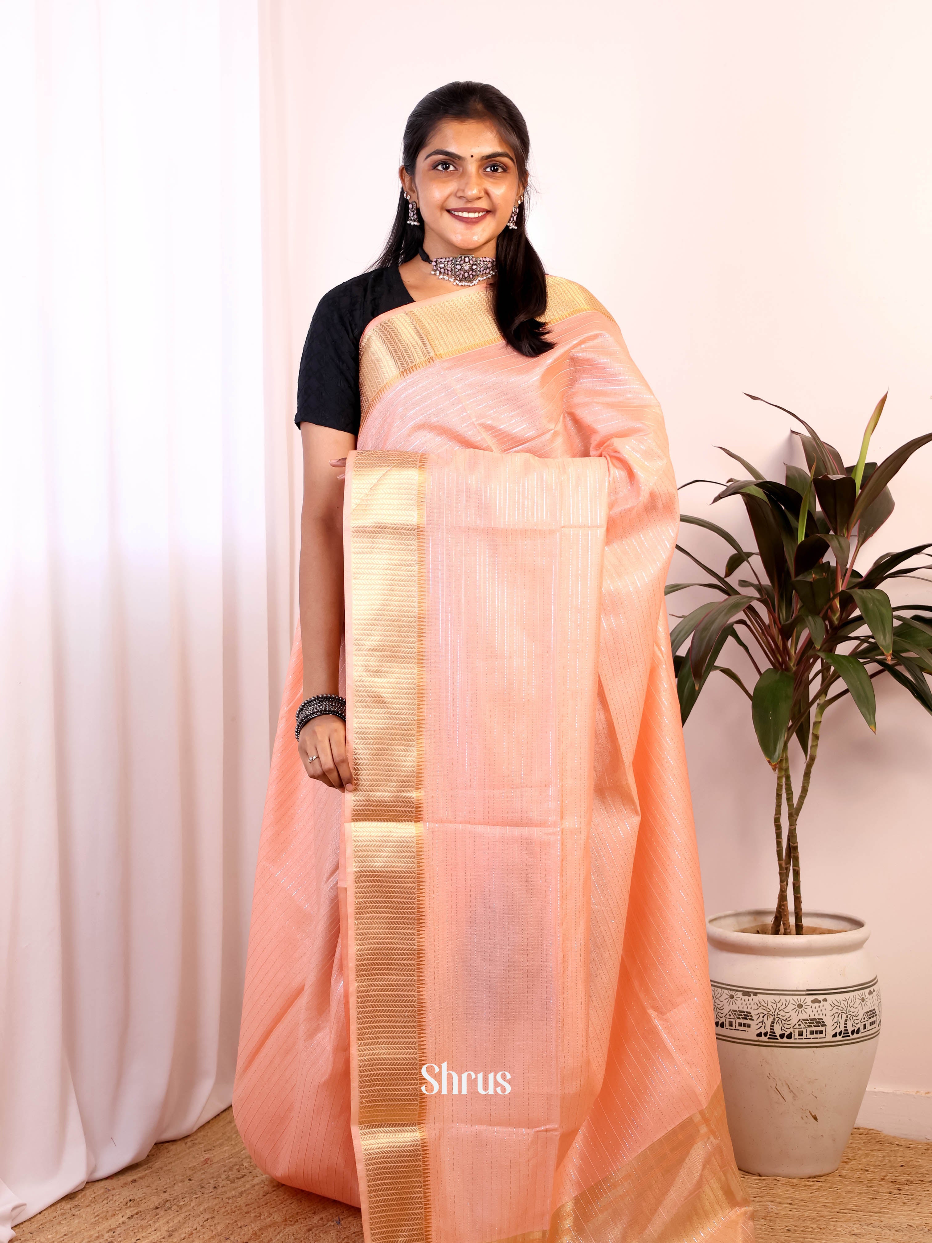 Peach - Semi Jute Saree - Shop on Shrus.com