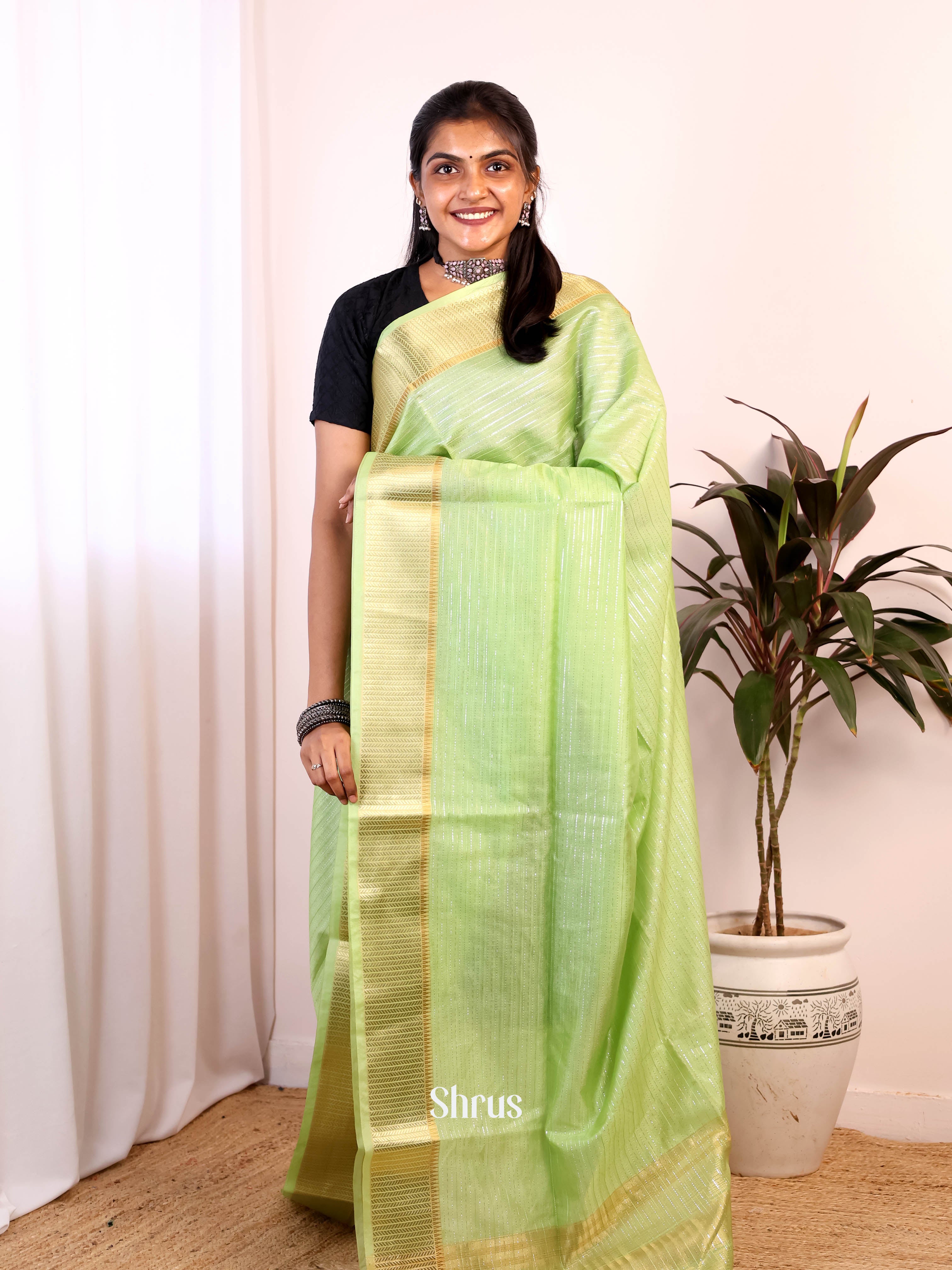 Lite Green - Semi Jute Saree - Shop on Shrus.com