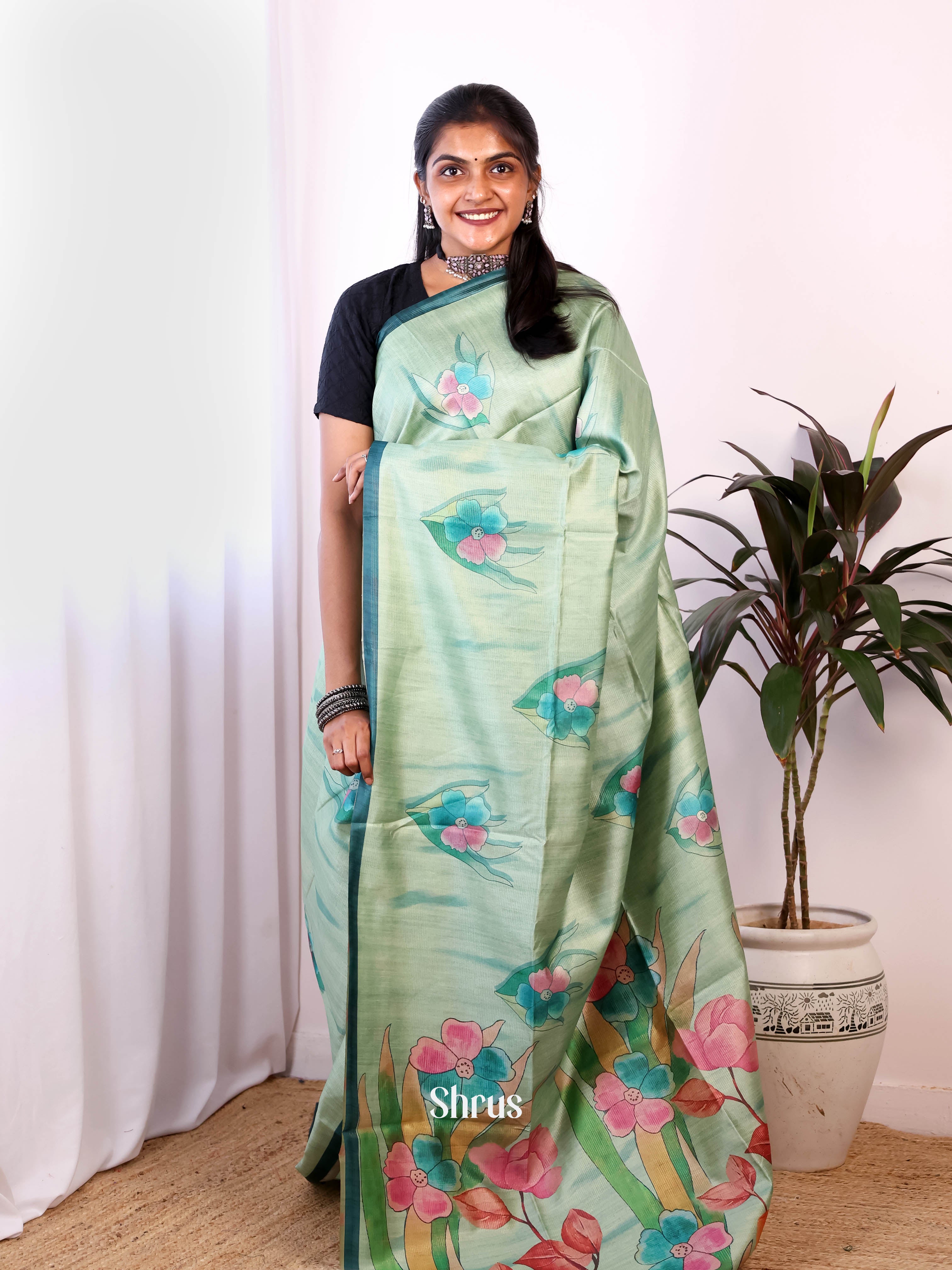 Pastel Green - Semi Jute Saree - Shop on Shrus.com