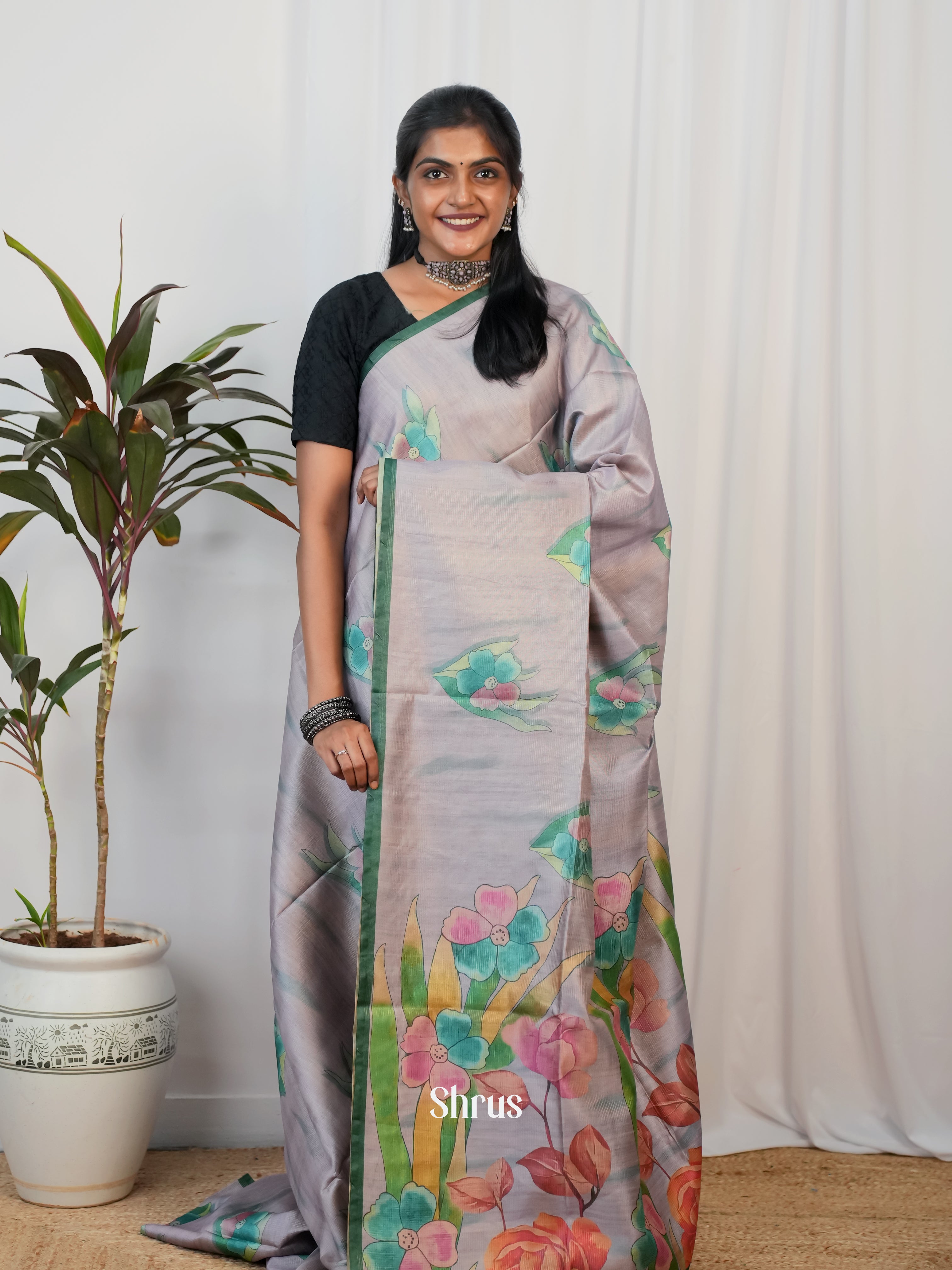 Purple & Green - Semi Jute Saree - Shop on Shrus.com