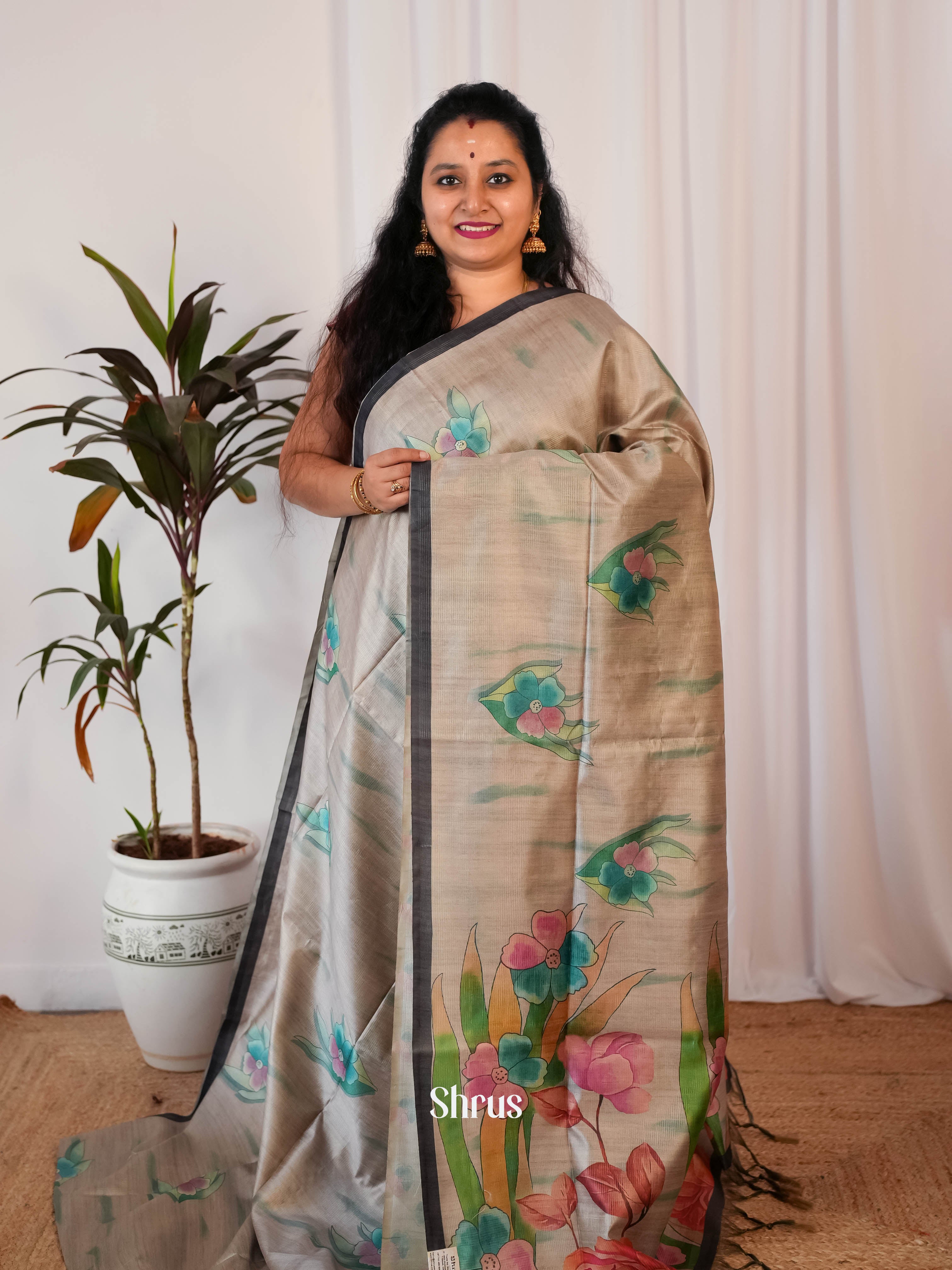 Grey - Semi Jute Saree - Shop on Shrus.com