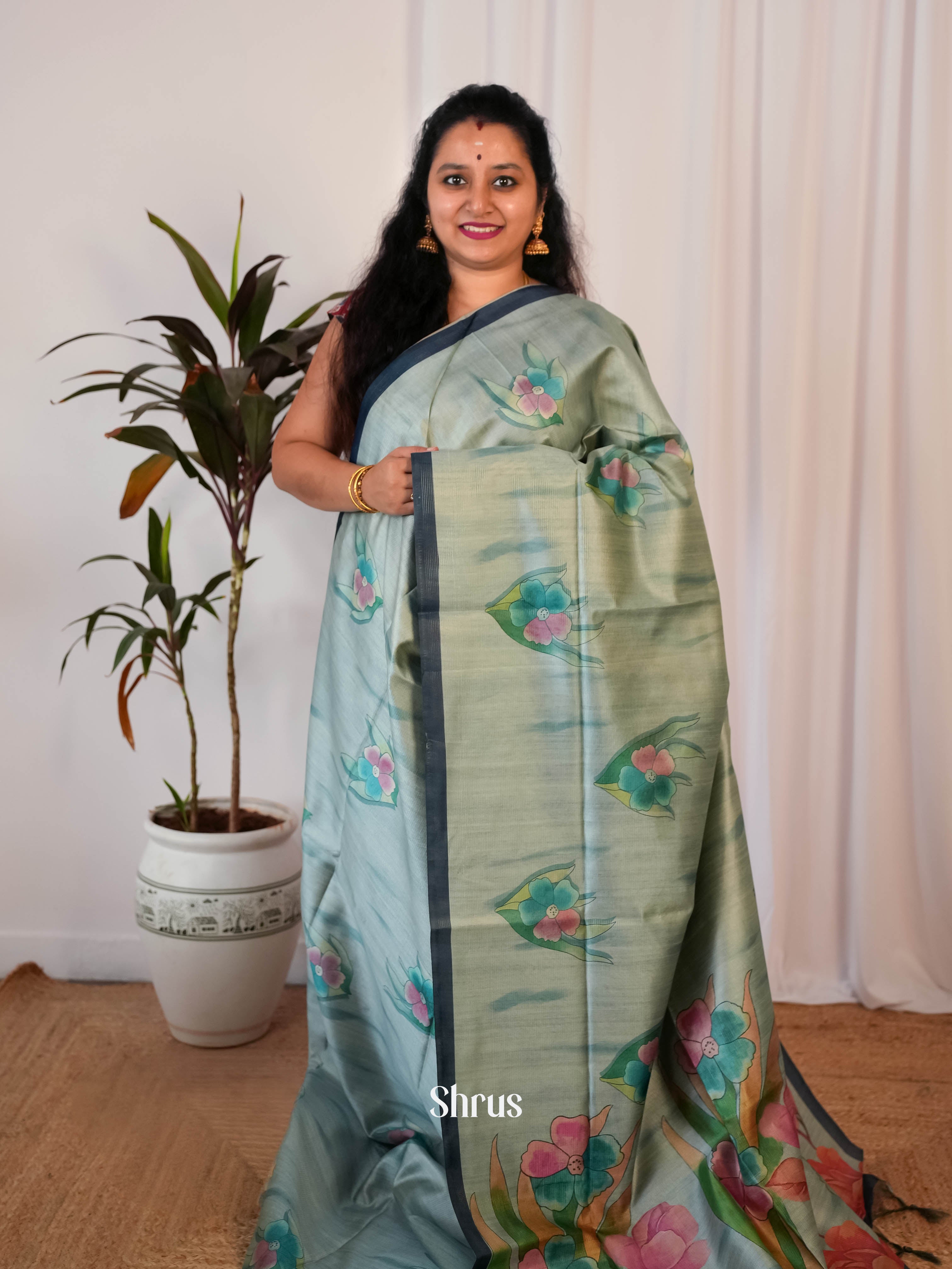 Pastel Green - Semi Jute Saree - Shop on Shrus.com