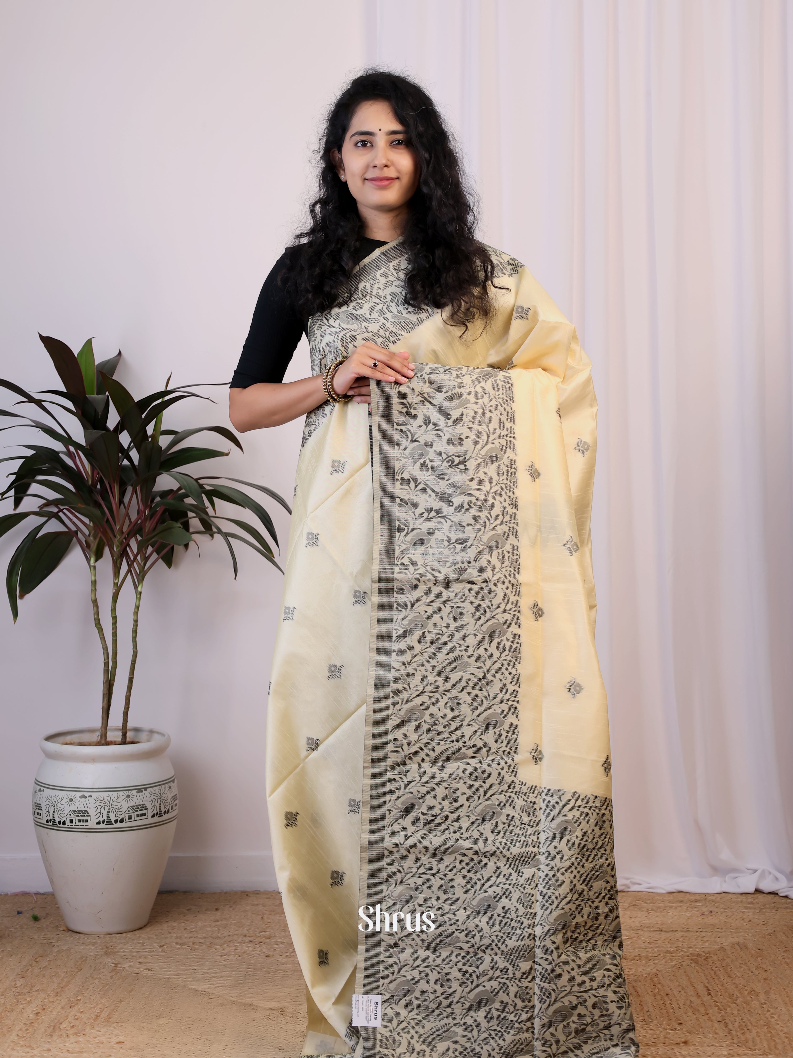 Cream & Black- Semi Rawsilk Saree - Shop on Shrus.com