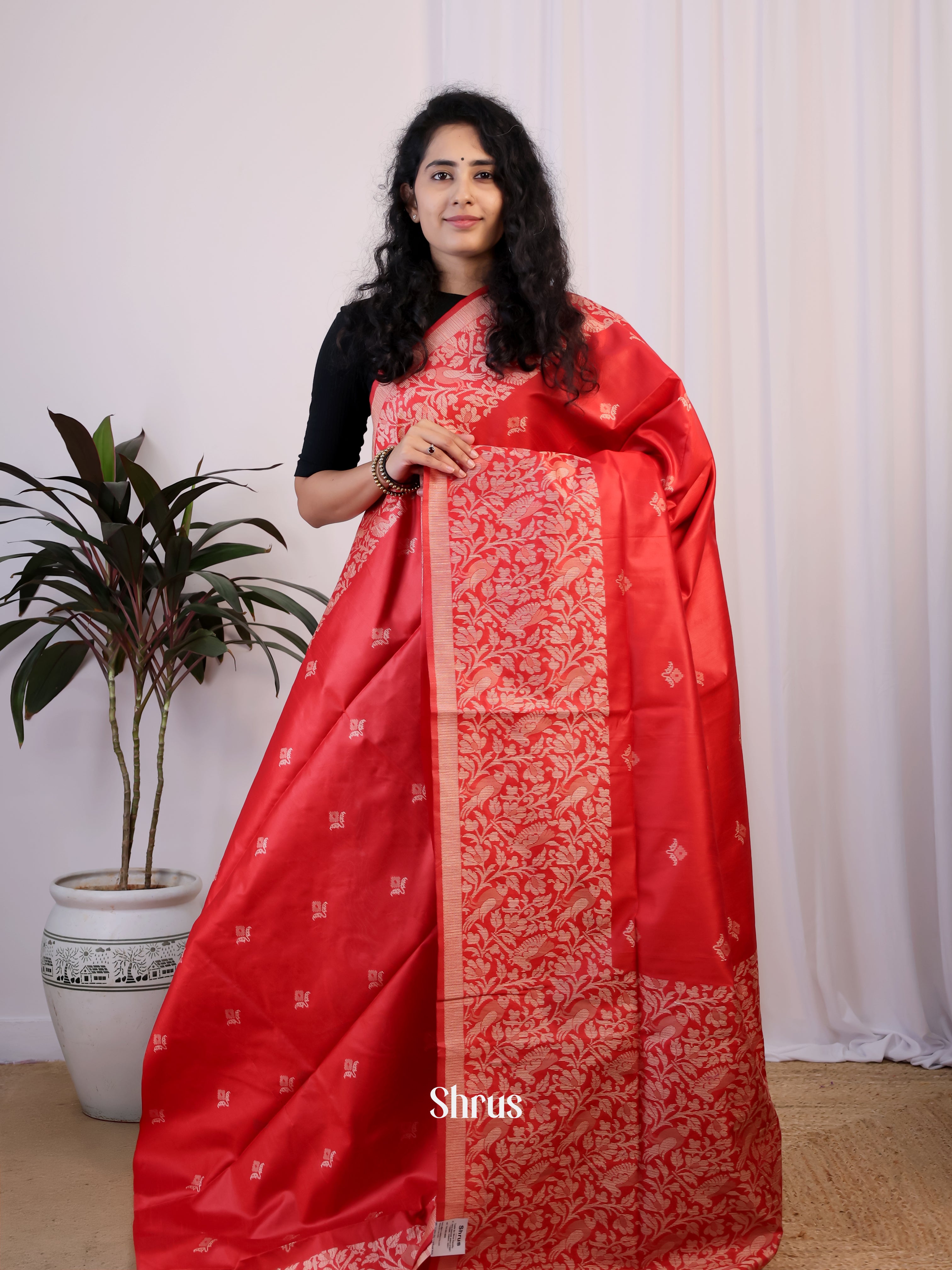 Red - Semi Rawsilk Saree - Shop on Shrus.com