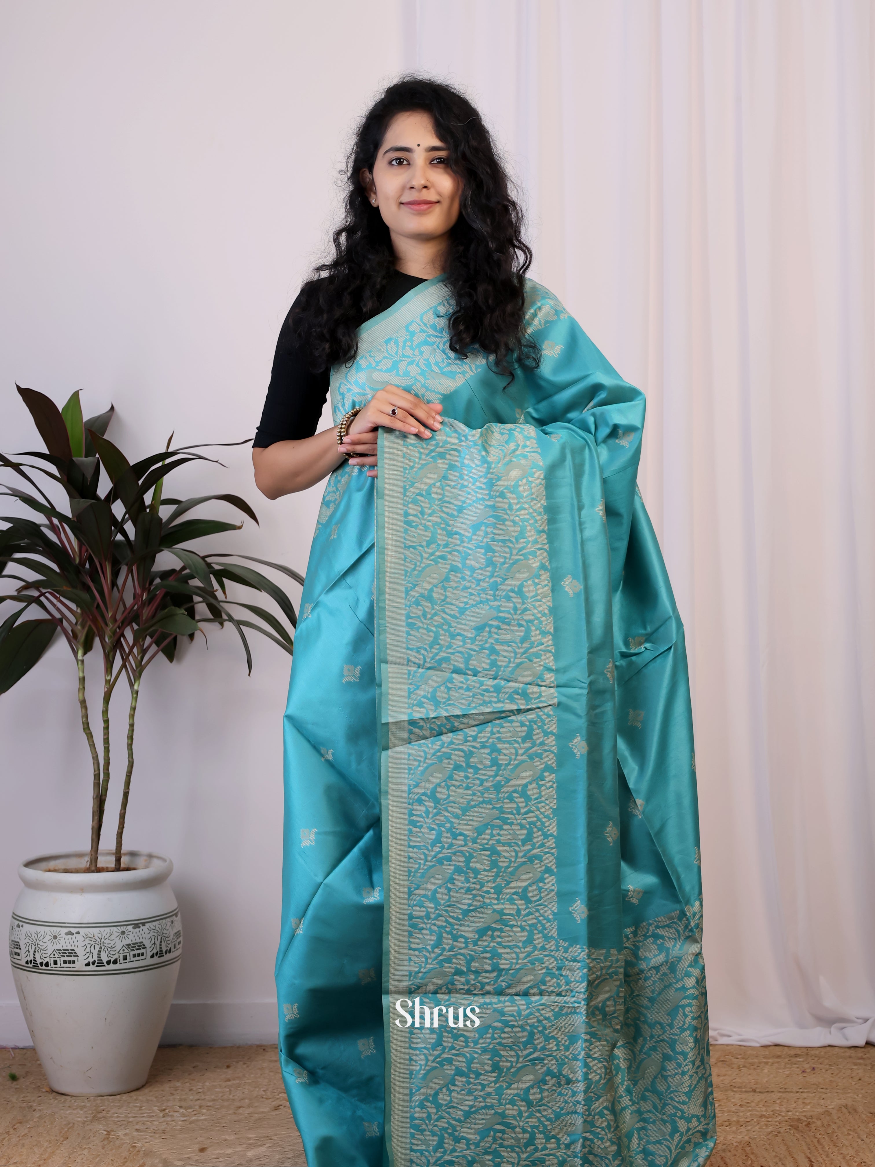 Teal - Semi Rawsilk Saree - Shop on Shrus.com