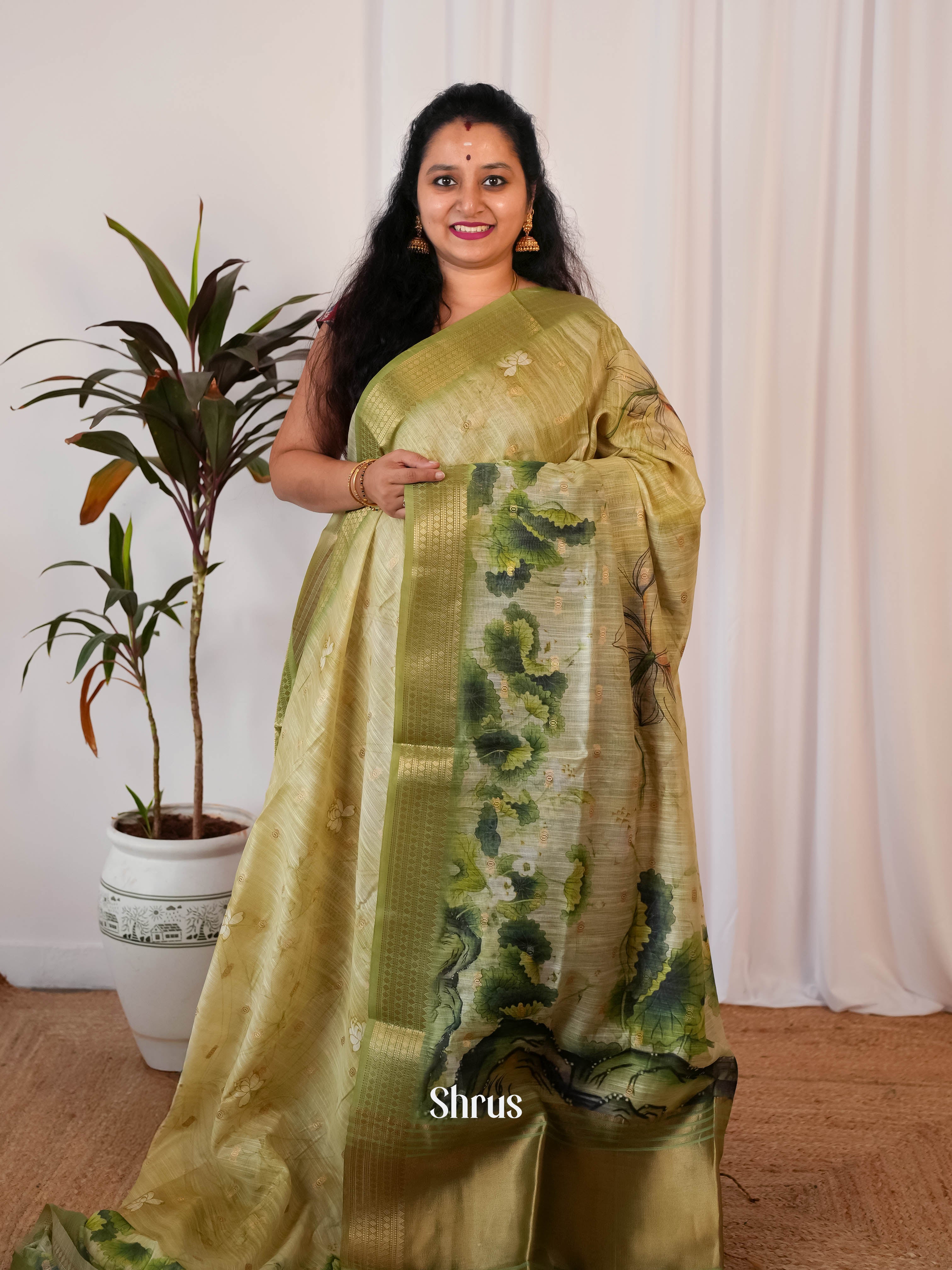 Green - Semi Jute Saree - Shop on Shrus.com