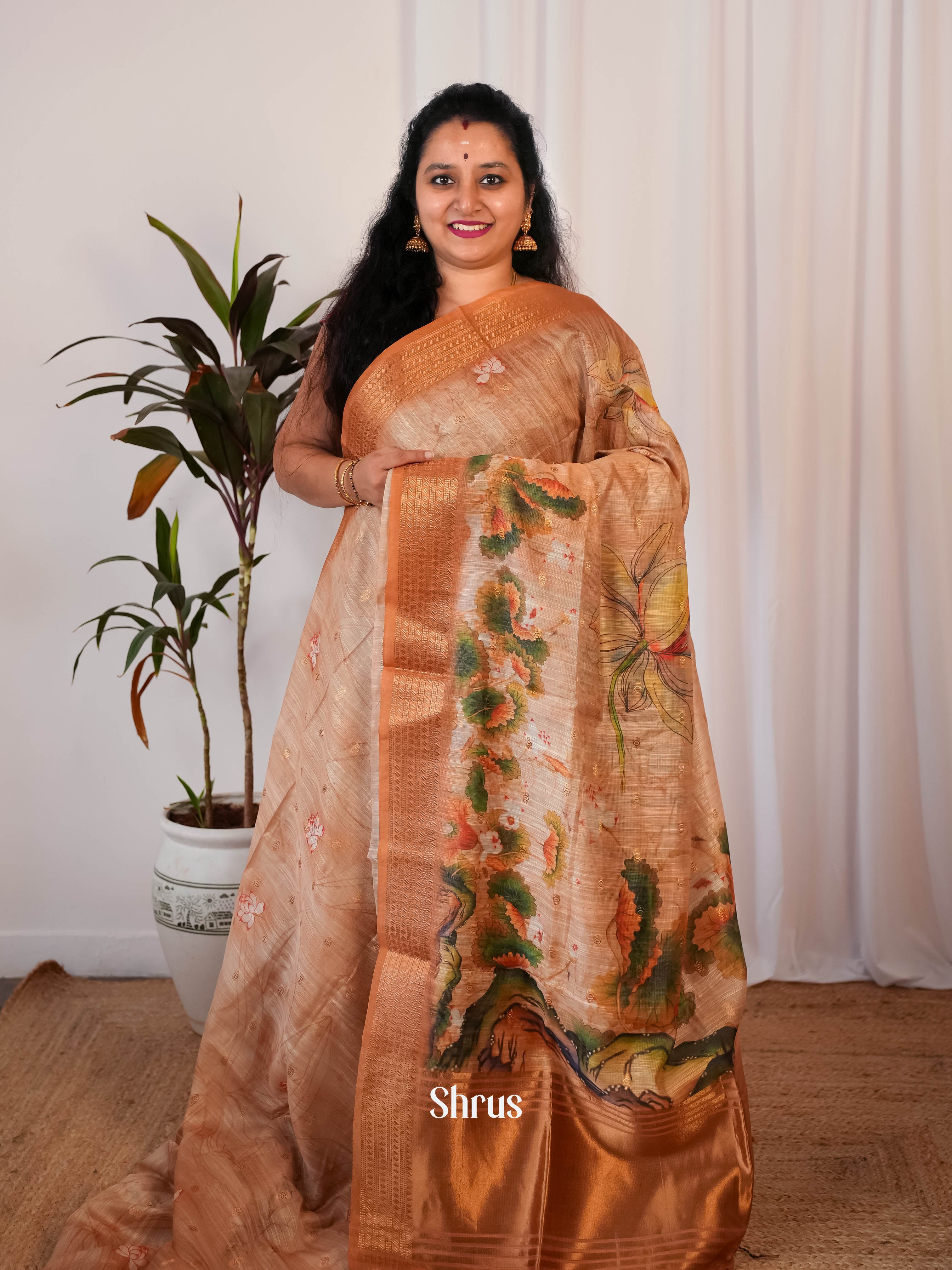 Brown - Semi Jute Saree - Shop on Shrus.com