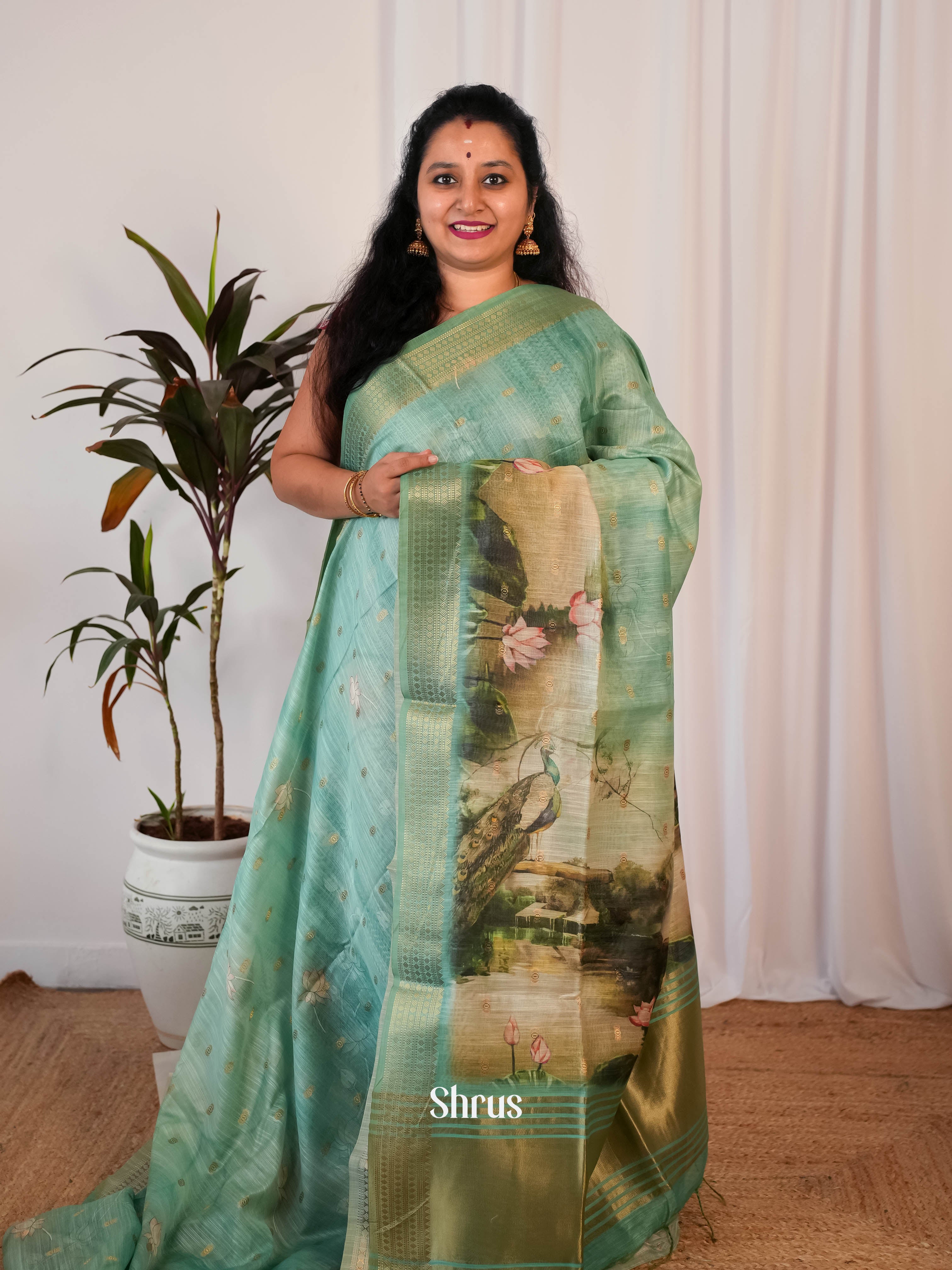Green - Semi Jute Saree - Shop on Shrus.com