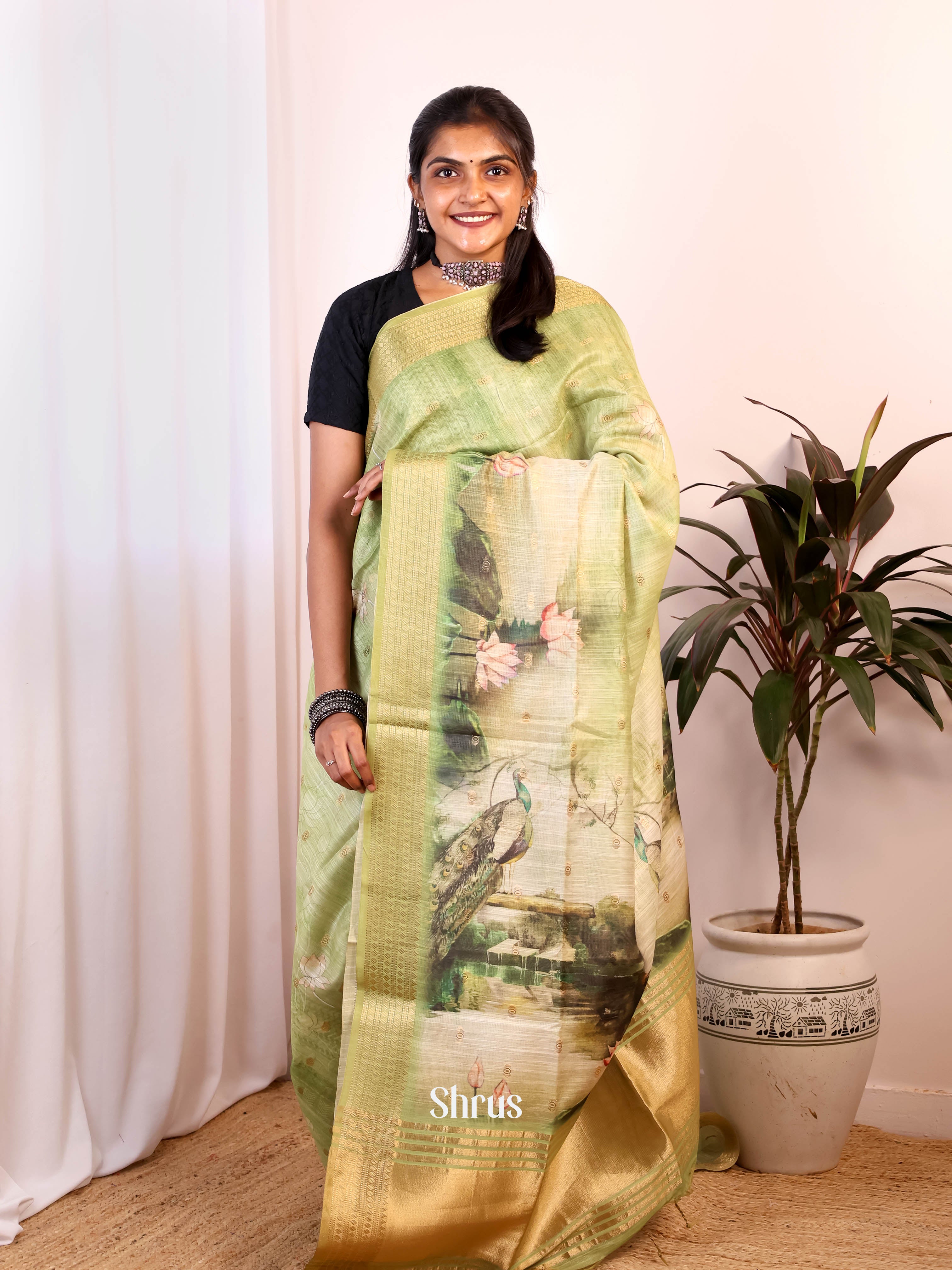 Green - Semi Jute Saree - Shop on Shrus.com