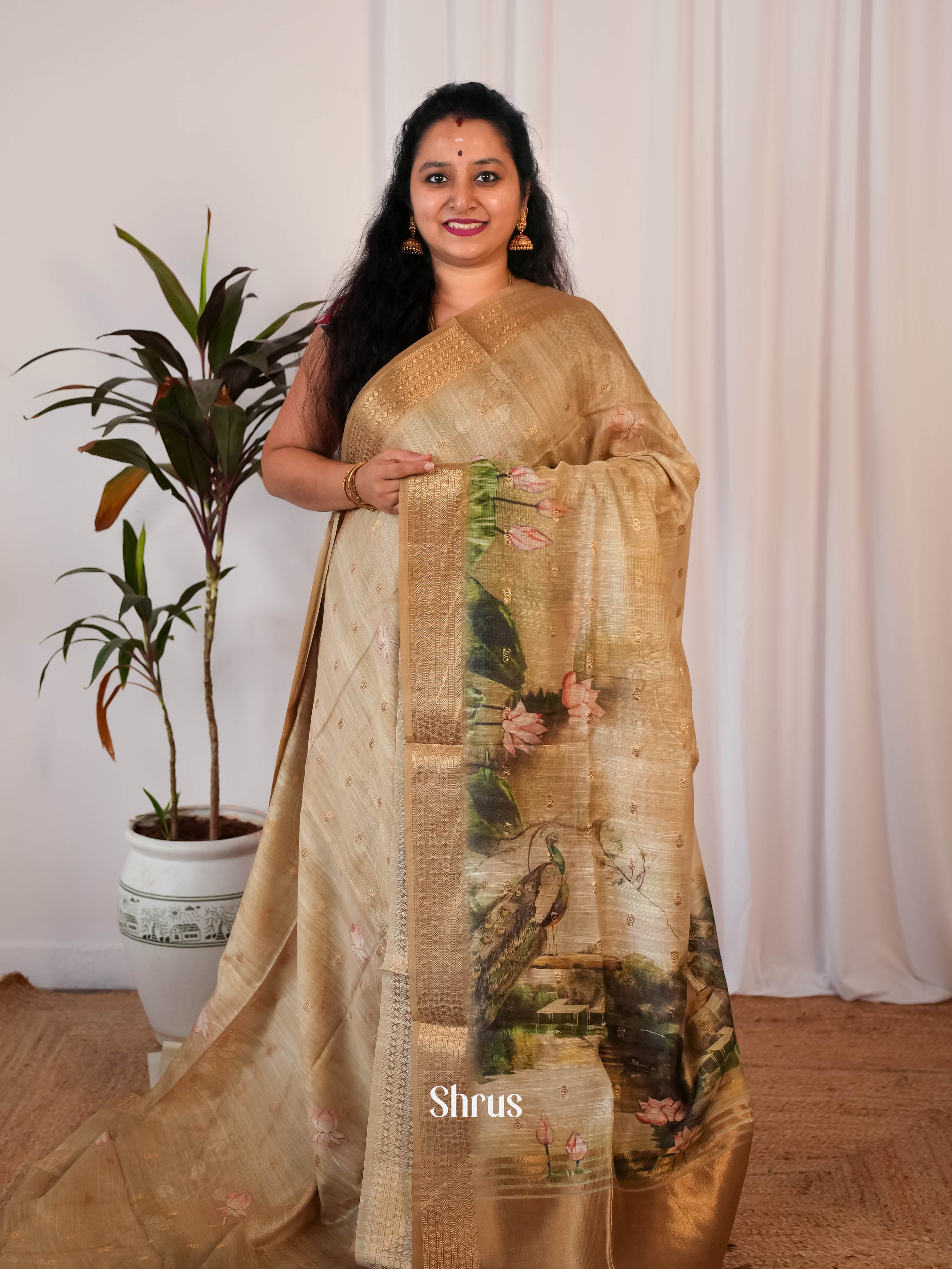 Gold - Semi Jute Saree - Shop on Shrus.com