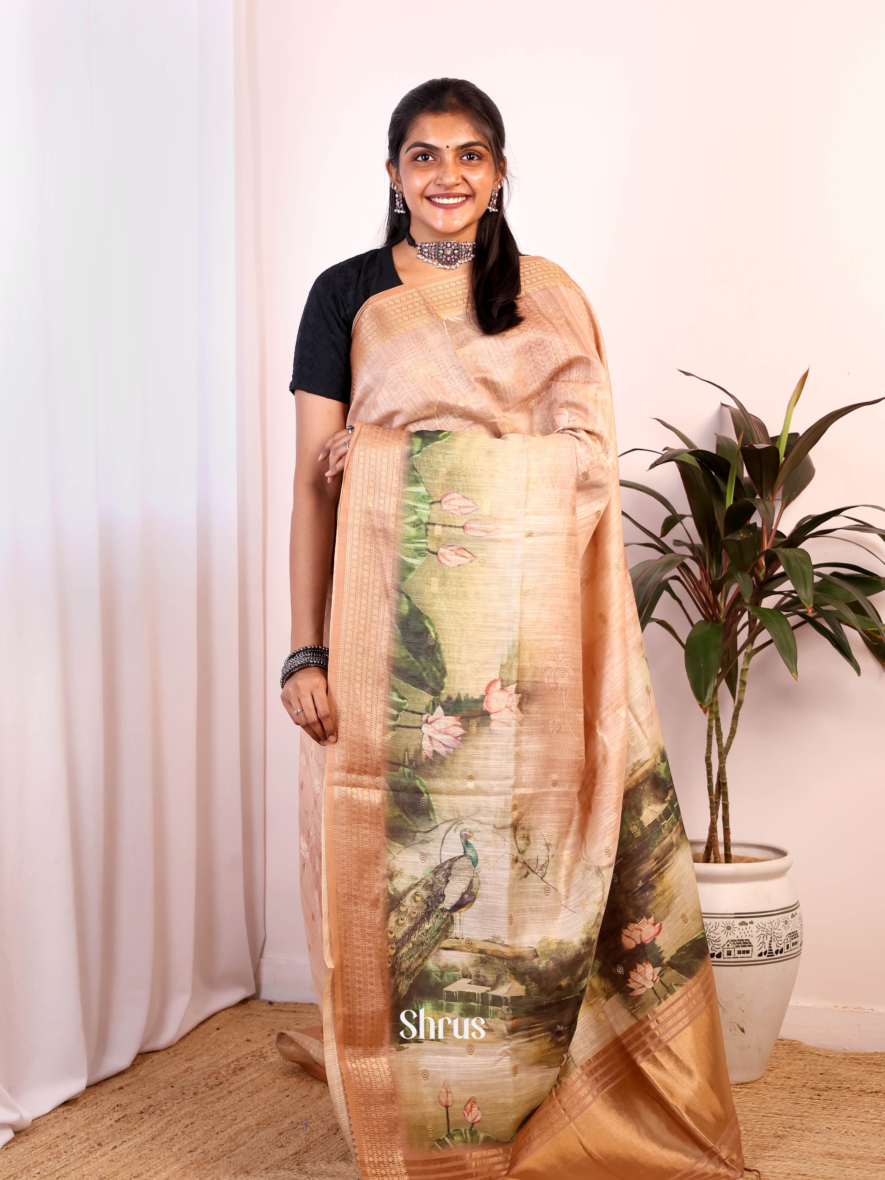 Peach - Semi Jute Saree - Shop on Shrus.com