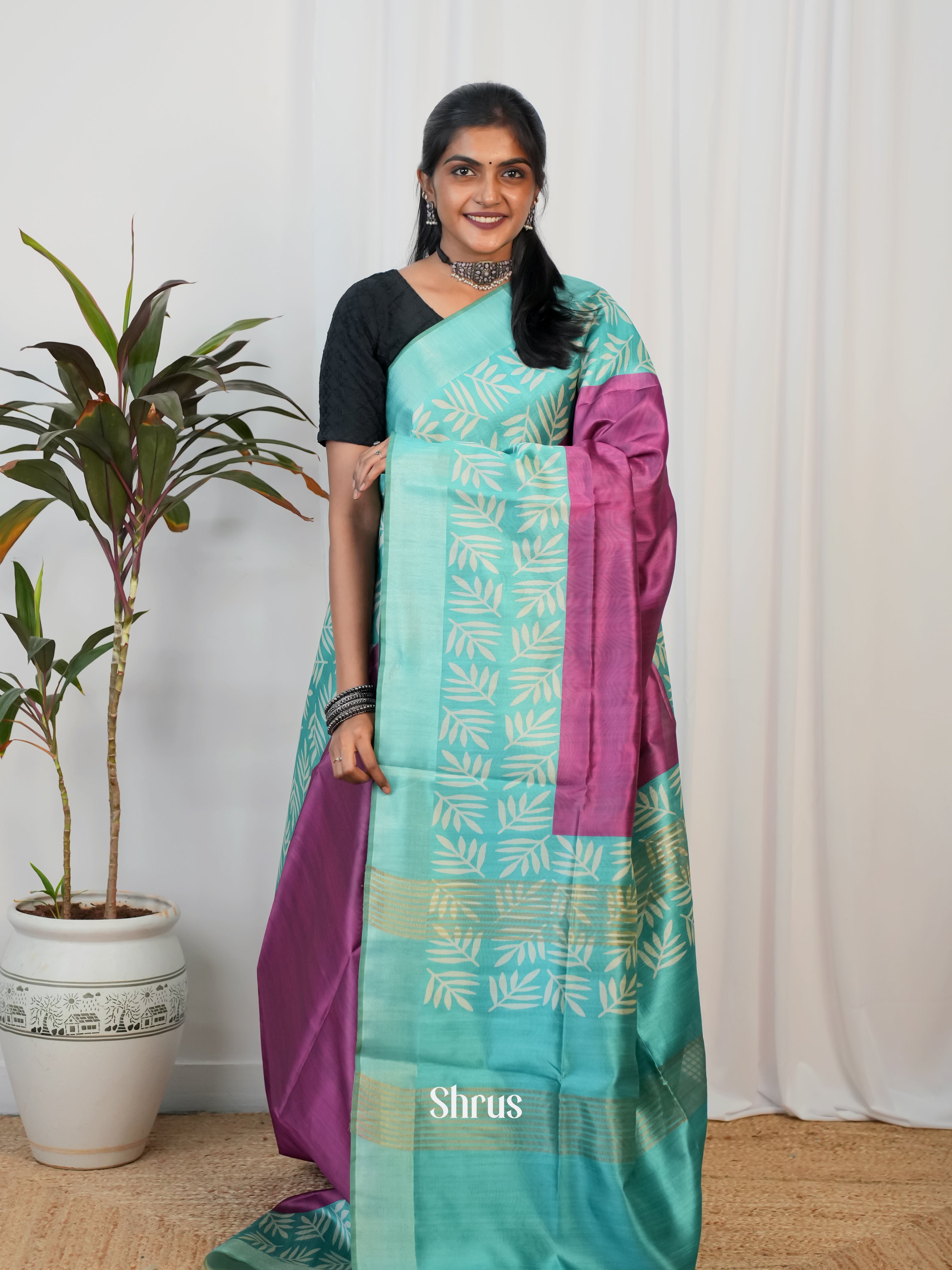 Purple & Teal - Semi Jute Saree - Shop on Shrus.com