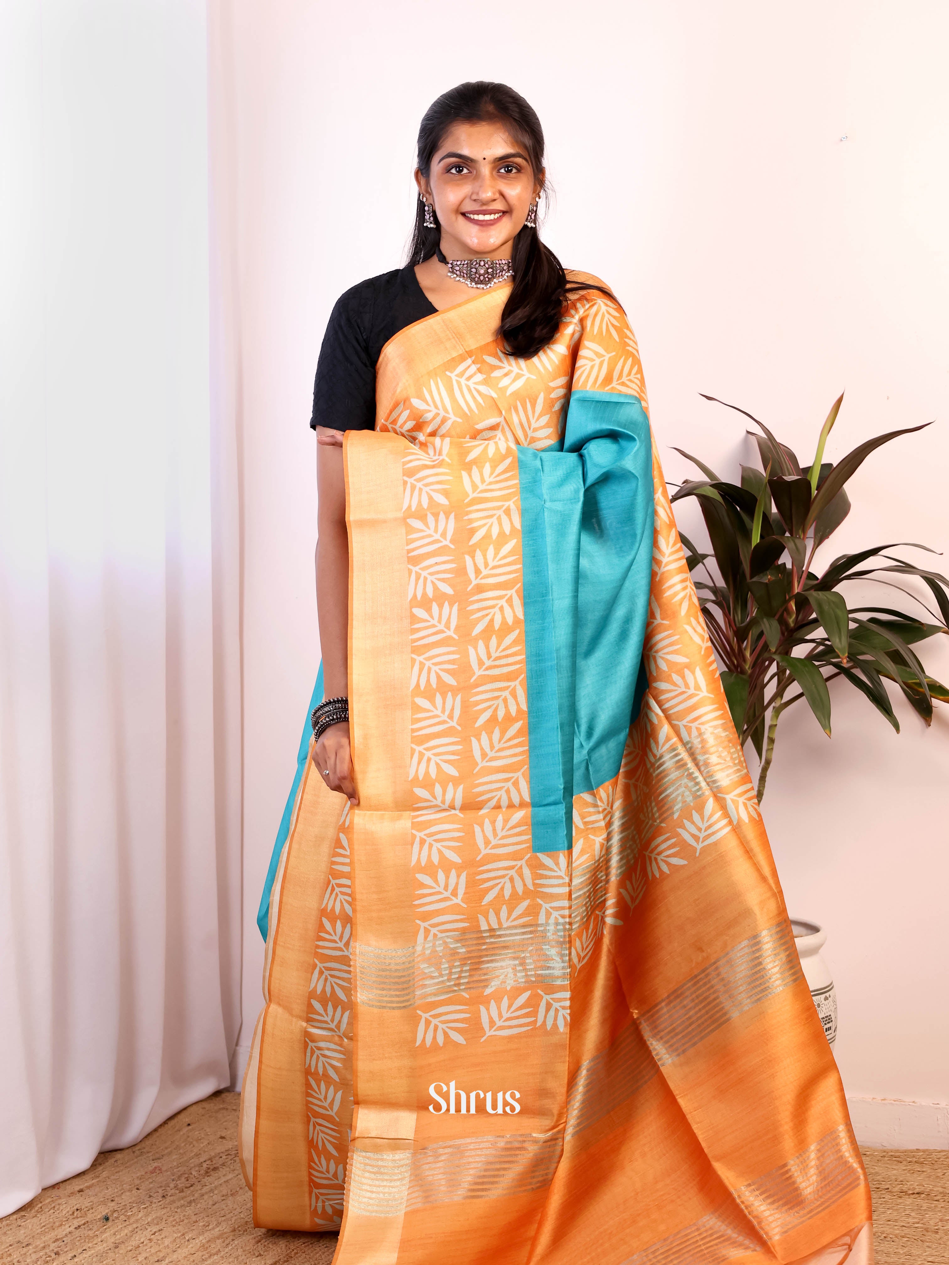 Blue & Orange - Semi Jute Saree - Shop on Shrus.com