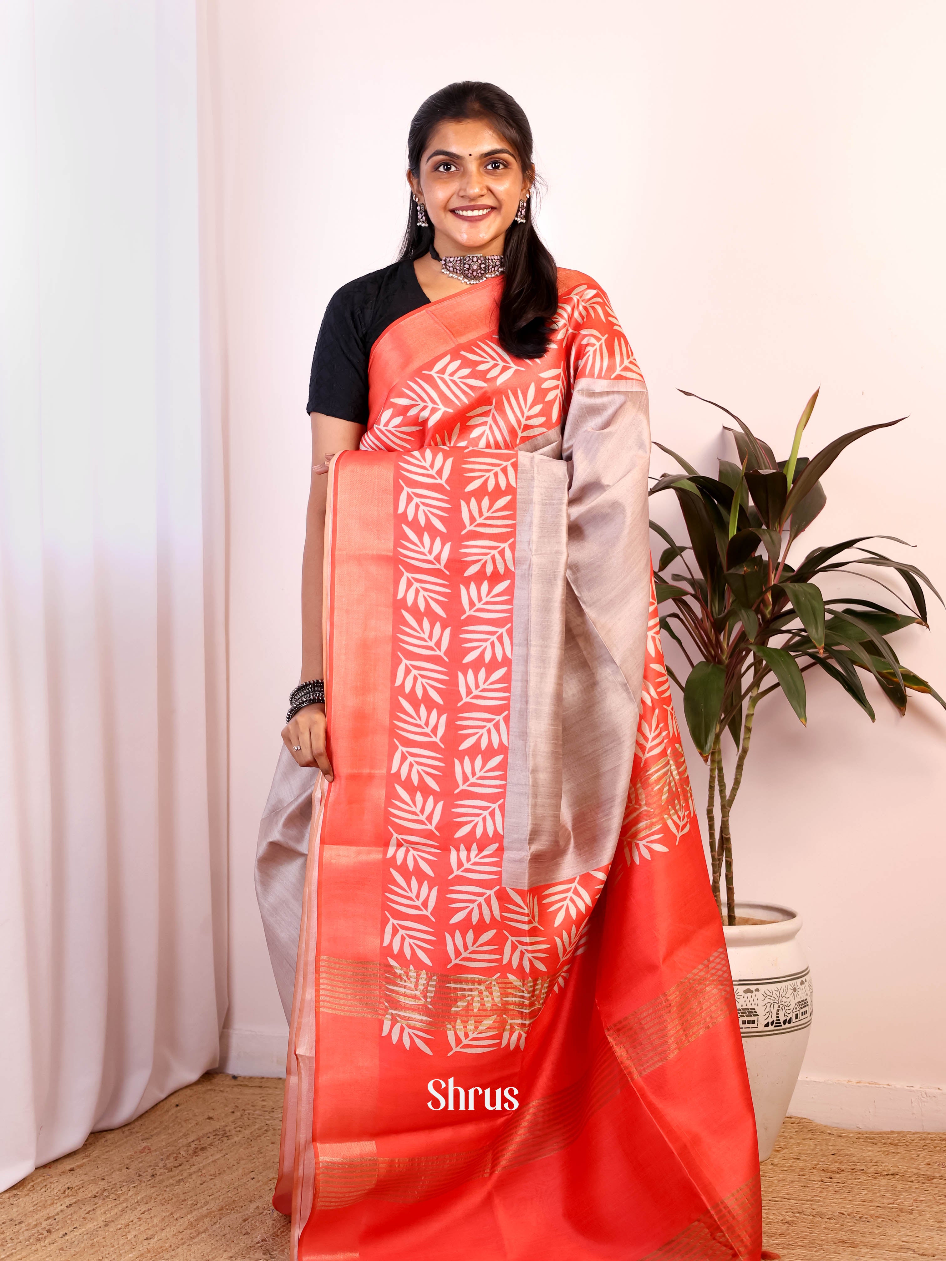 Grey & Red - Semi Jute Saree - Shop on Shrus.com