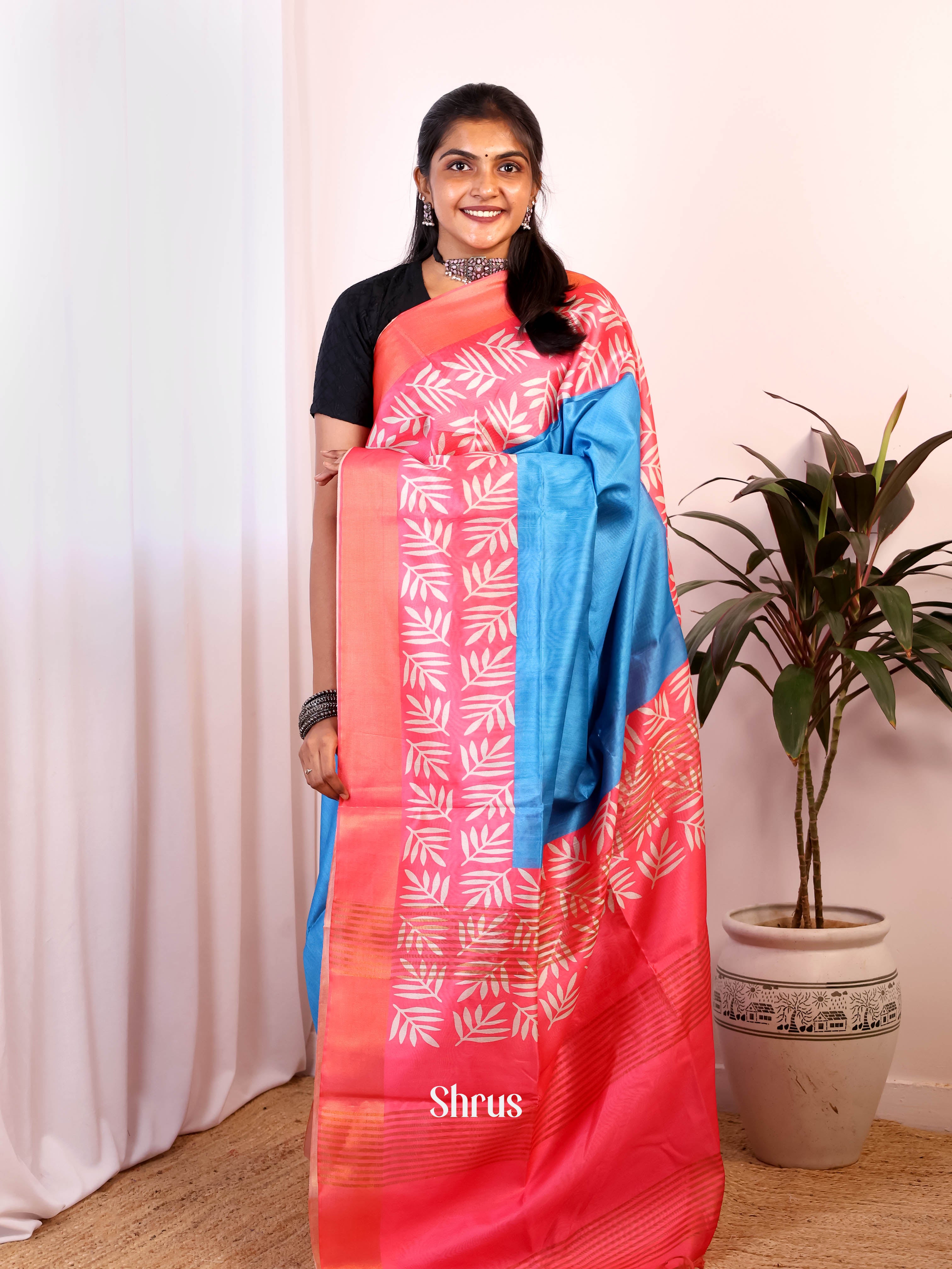 Blue & Pink - Semi Jute Saree - Shop on Shrus.com