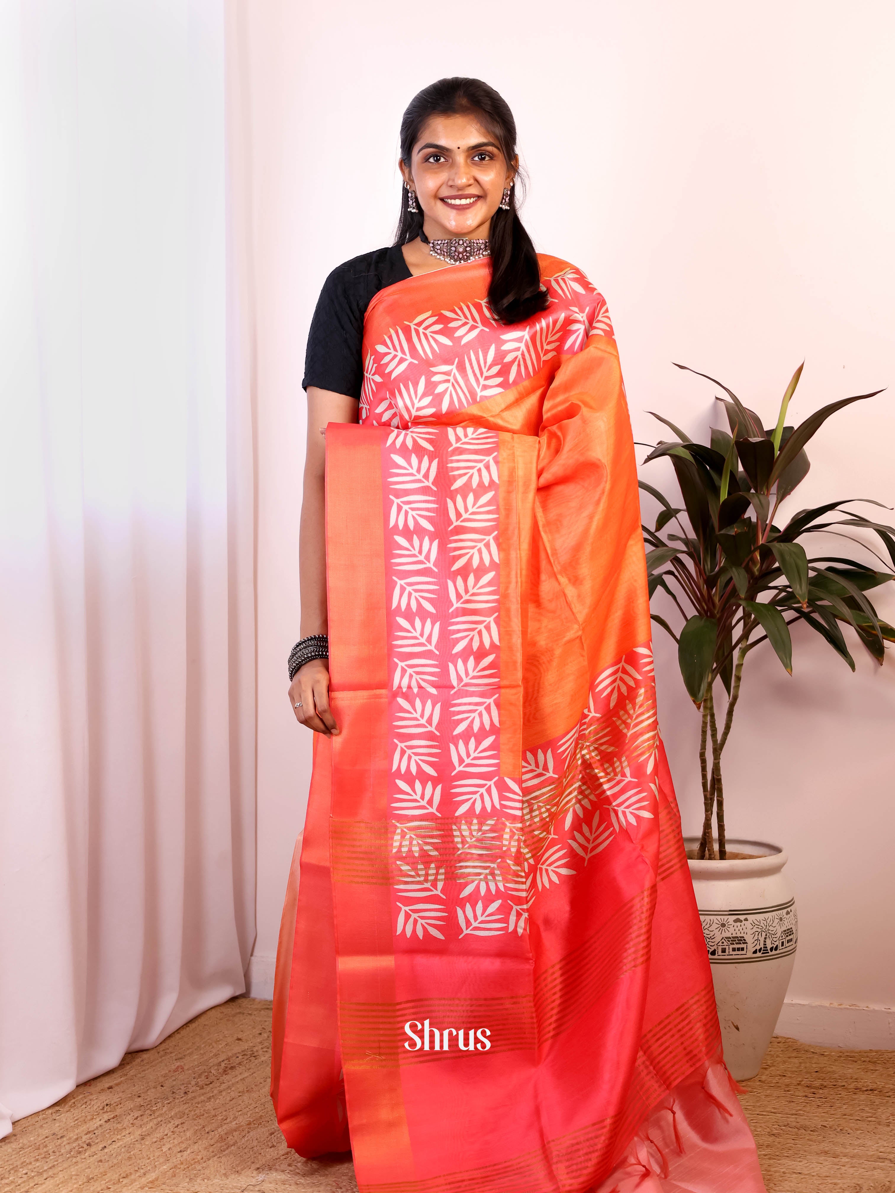 Orange & Red - Semi Jute Saree - Shop on Shrus.com