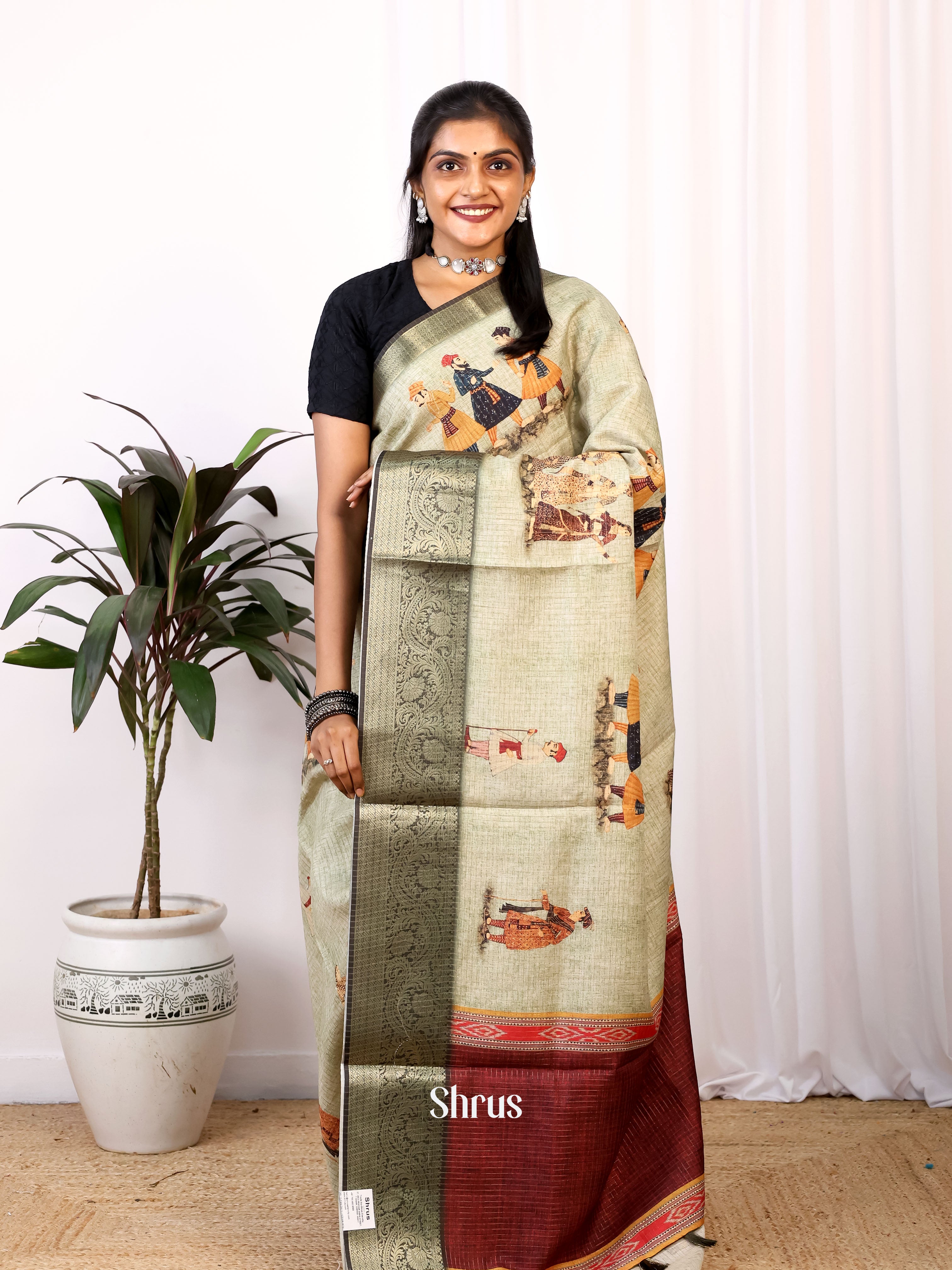 Lite Green & Green - Printed Semi Tussar Saree - Shop on Shrus.com