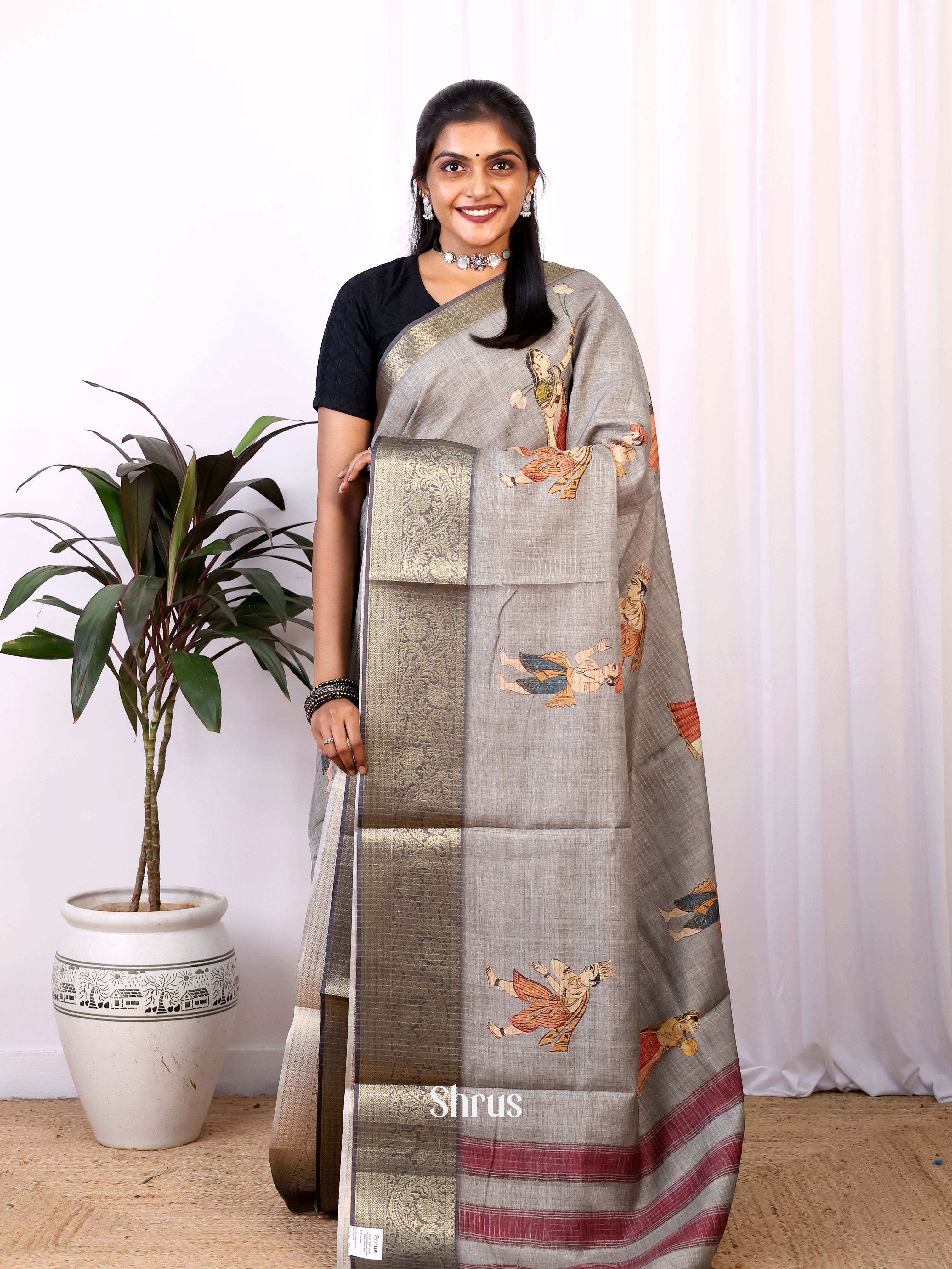 Grey - Printed Semi Tussar Saree - Shop on Shrus.com