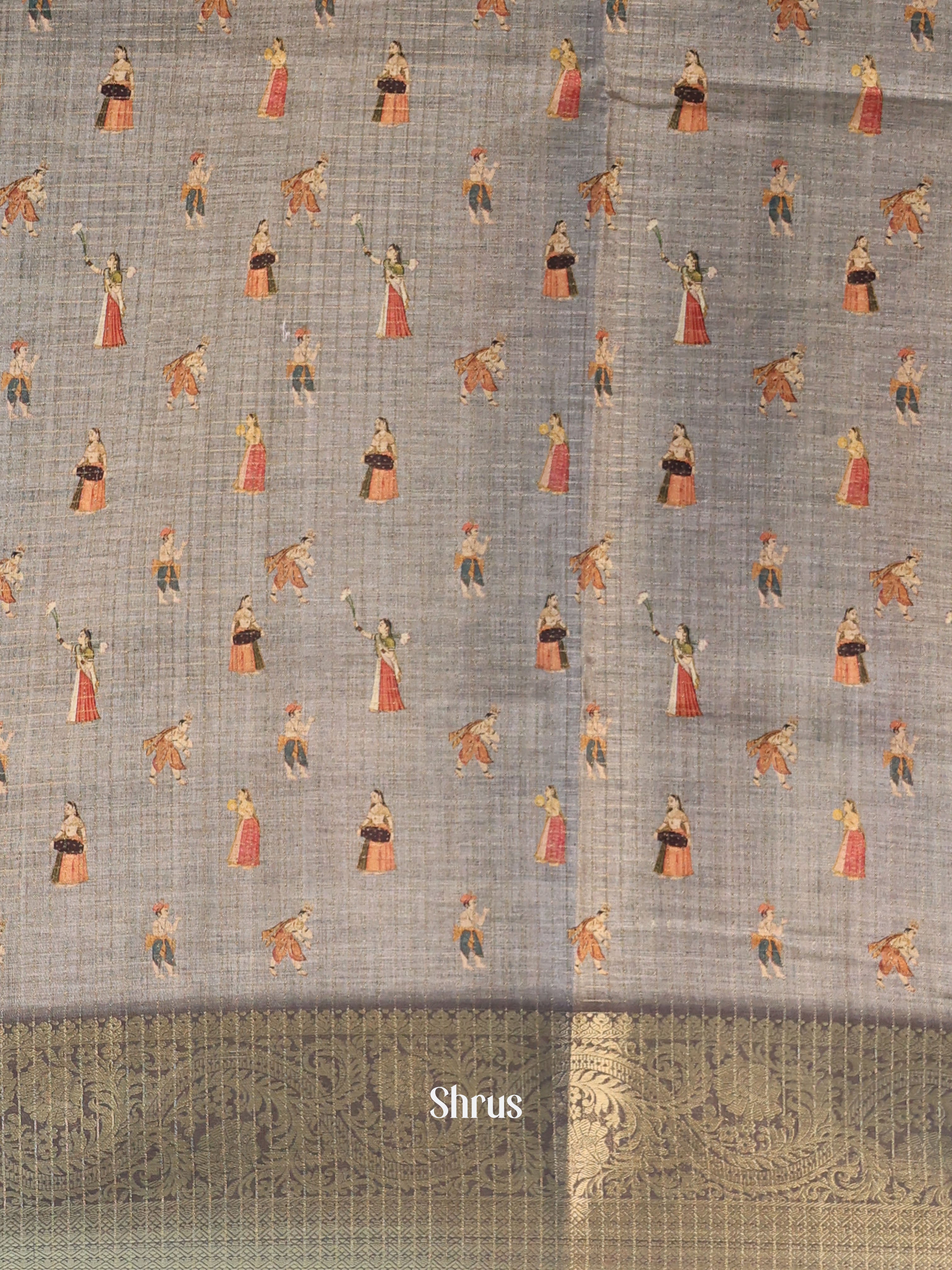 Grey - Printed Semi Tussar Saree - Shop on Shrus.com