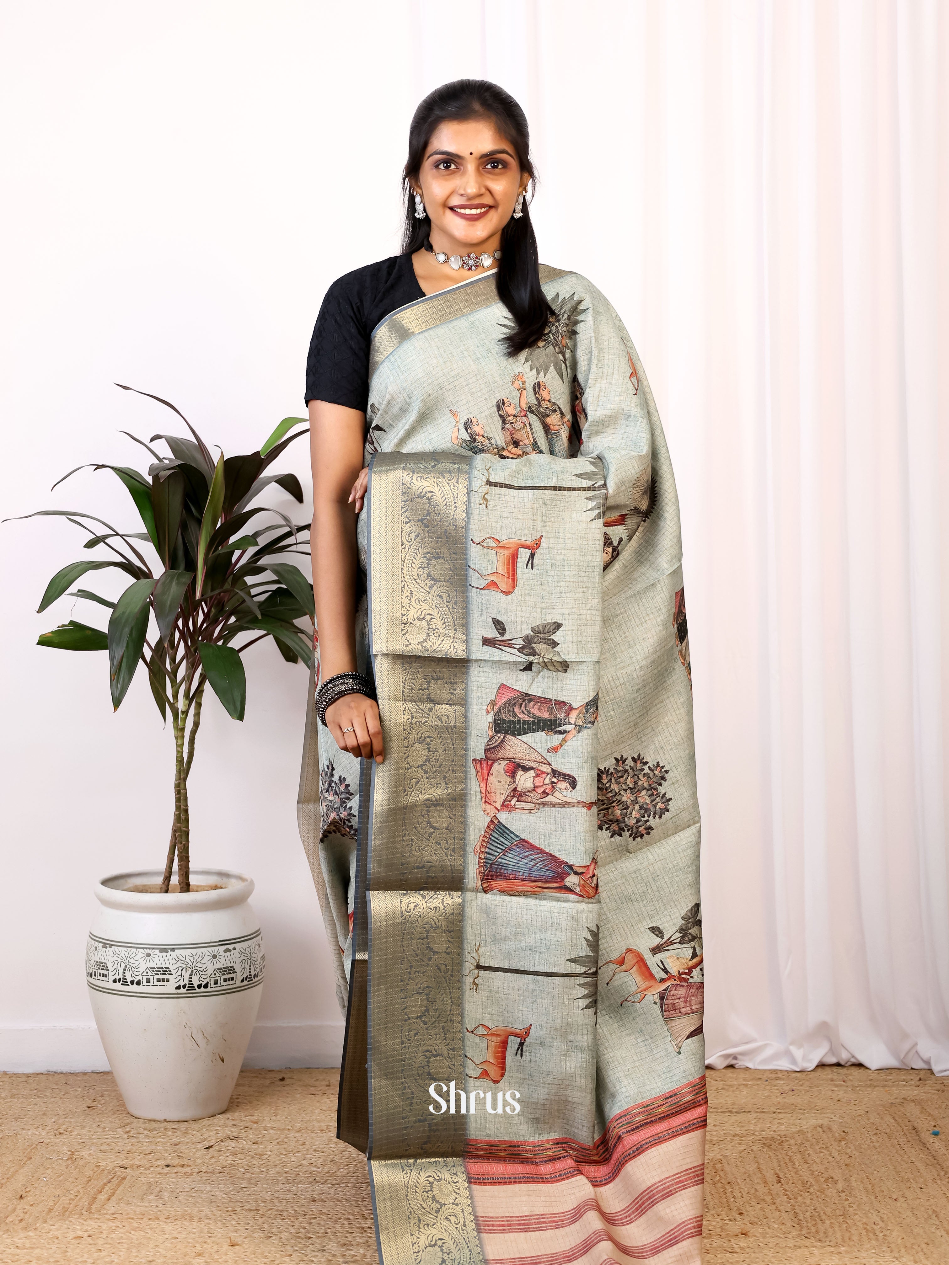 Lite Blue & Grey- Printed Semi Tussar Saree - Shop on Shrus.com