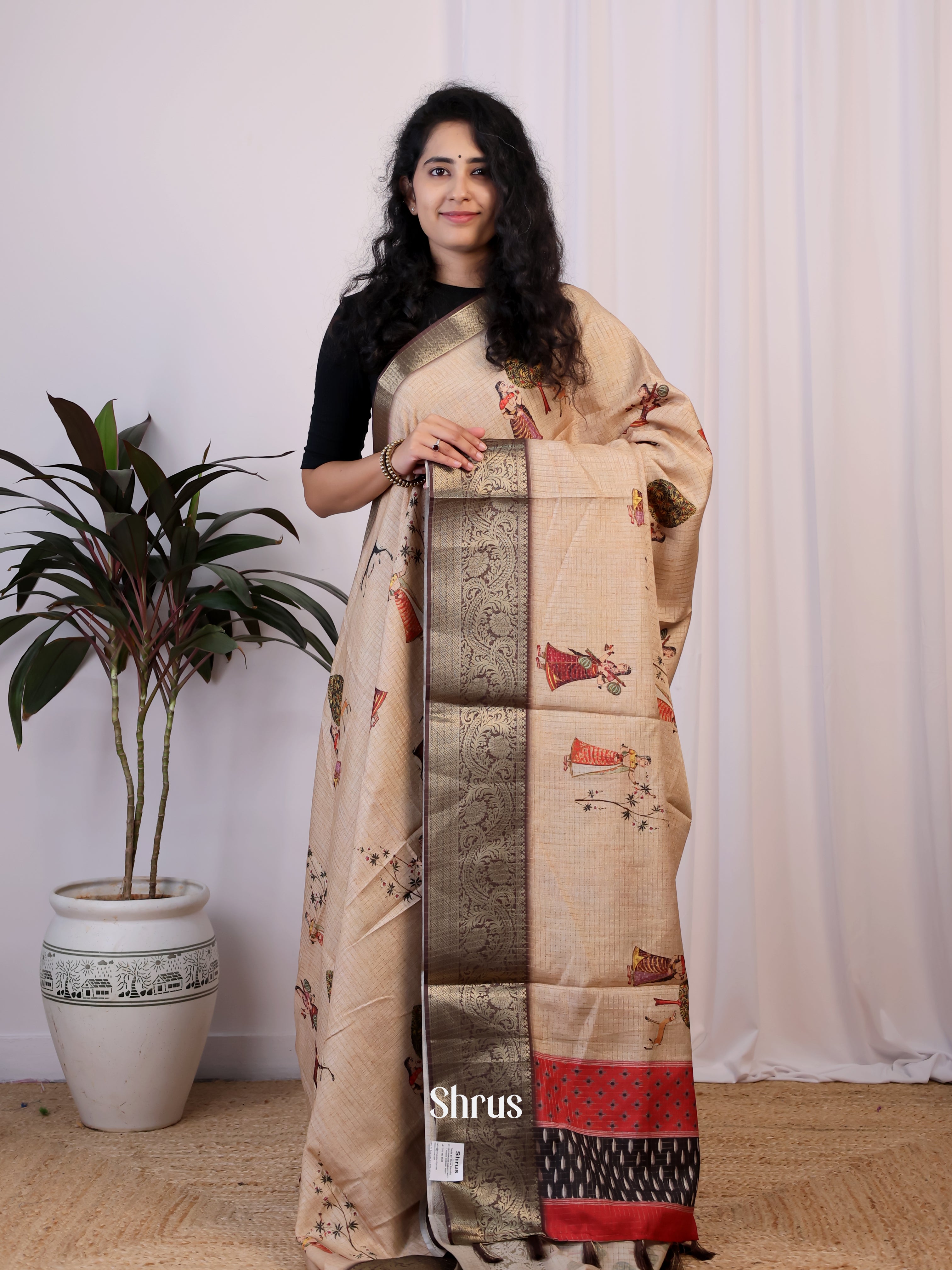 Lite Brown & Brown- Printed Semi Tussar Saree - Shop on Shrus.com