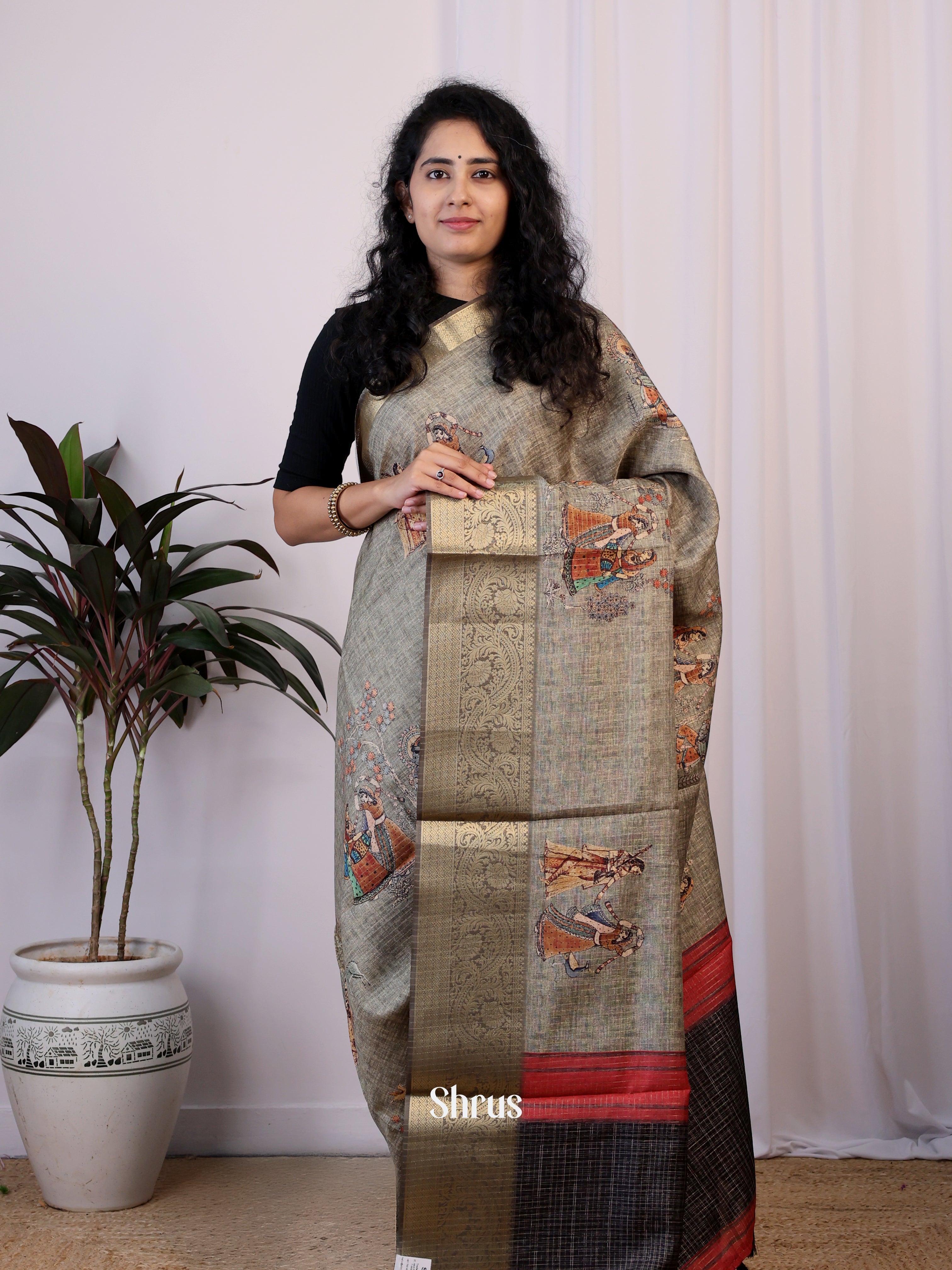 Grey & Blue - Printed Semi Tussar Saree - Shop on Shrus.com