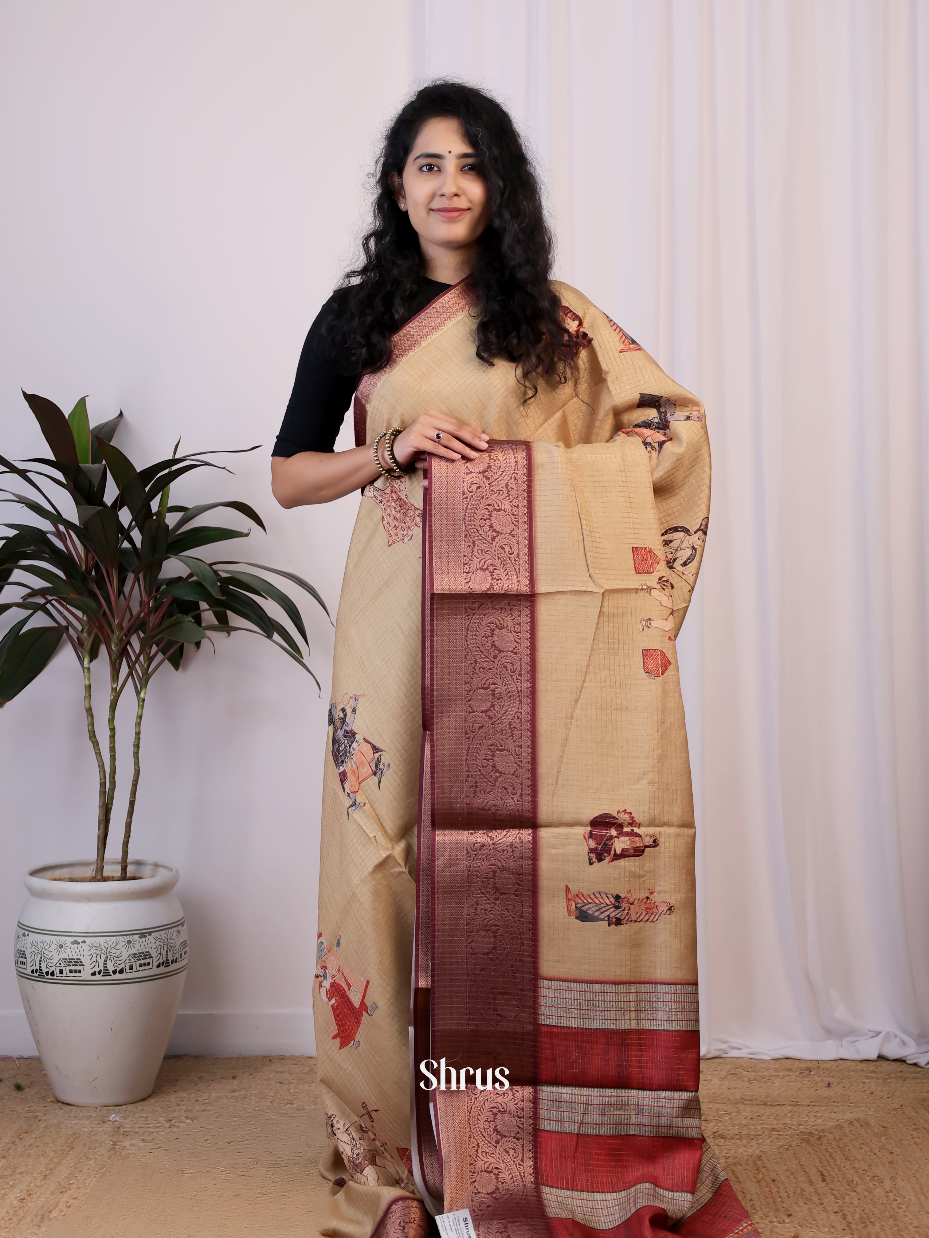 Lite Brown & Brown - Printed Semi Tussar Saree - Shop on Shrus.com