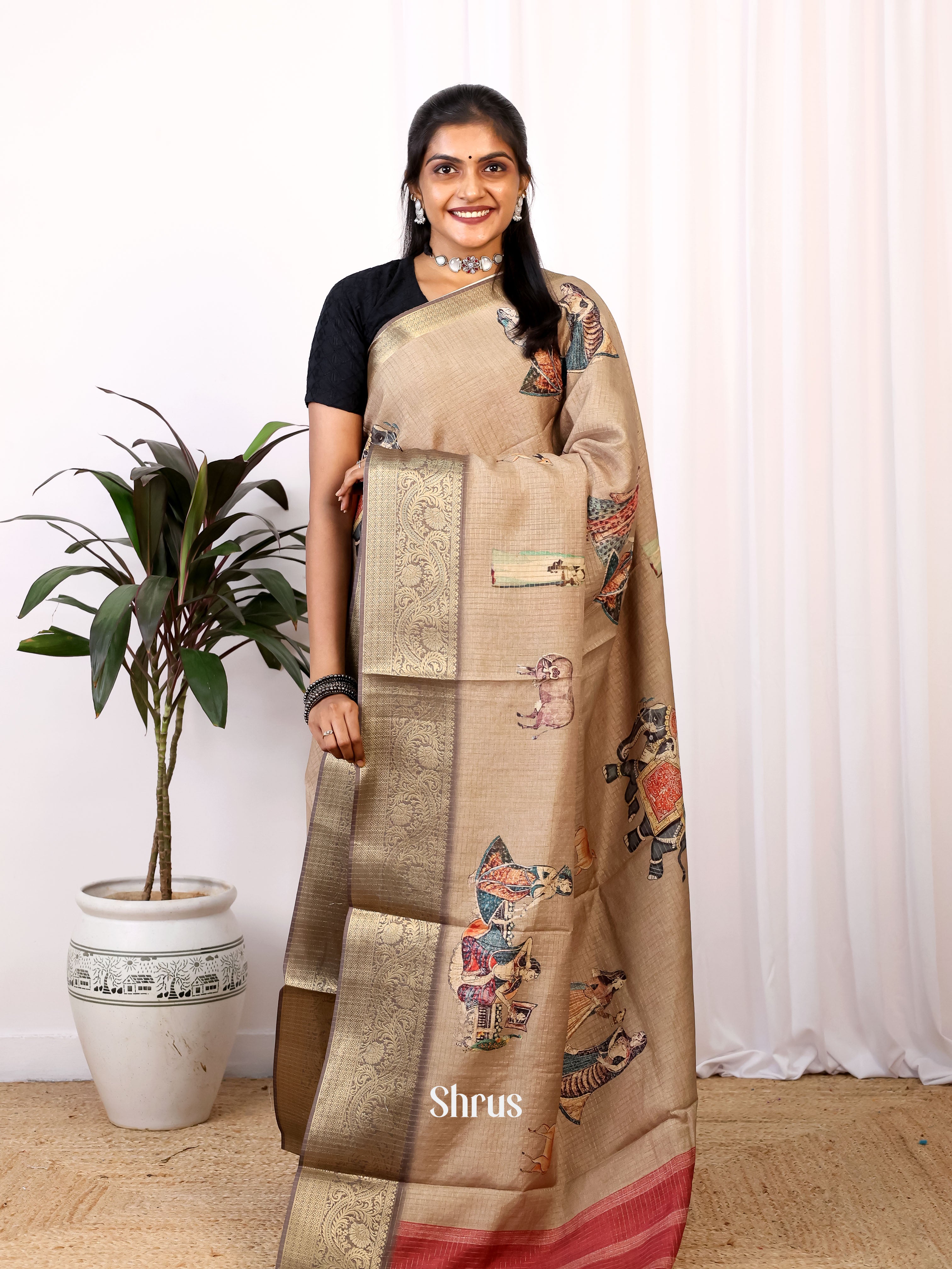 Dusty Brown - Printed Semi Tussar Saree - Shop on Shrus.com